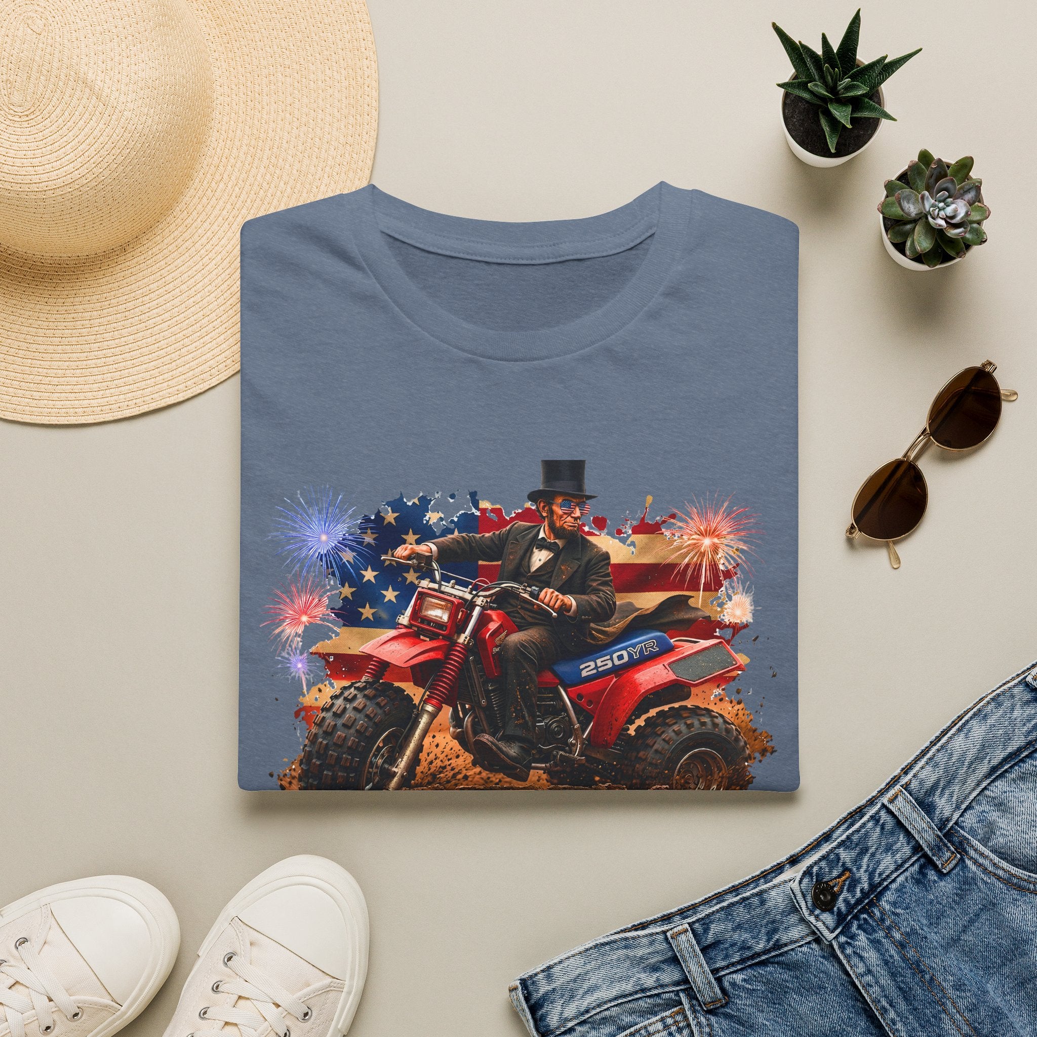 Patriotic Lincoln Riding ATV T-Shirt — 4th of July Veteran Americana Tee