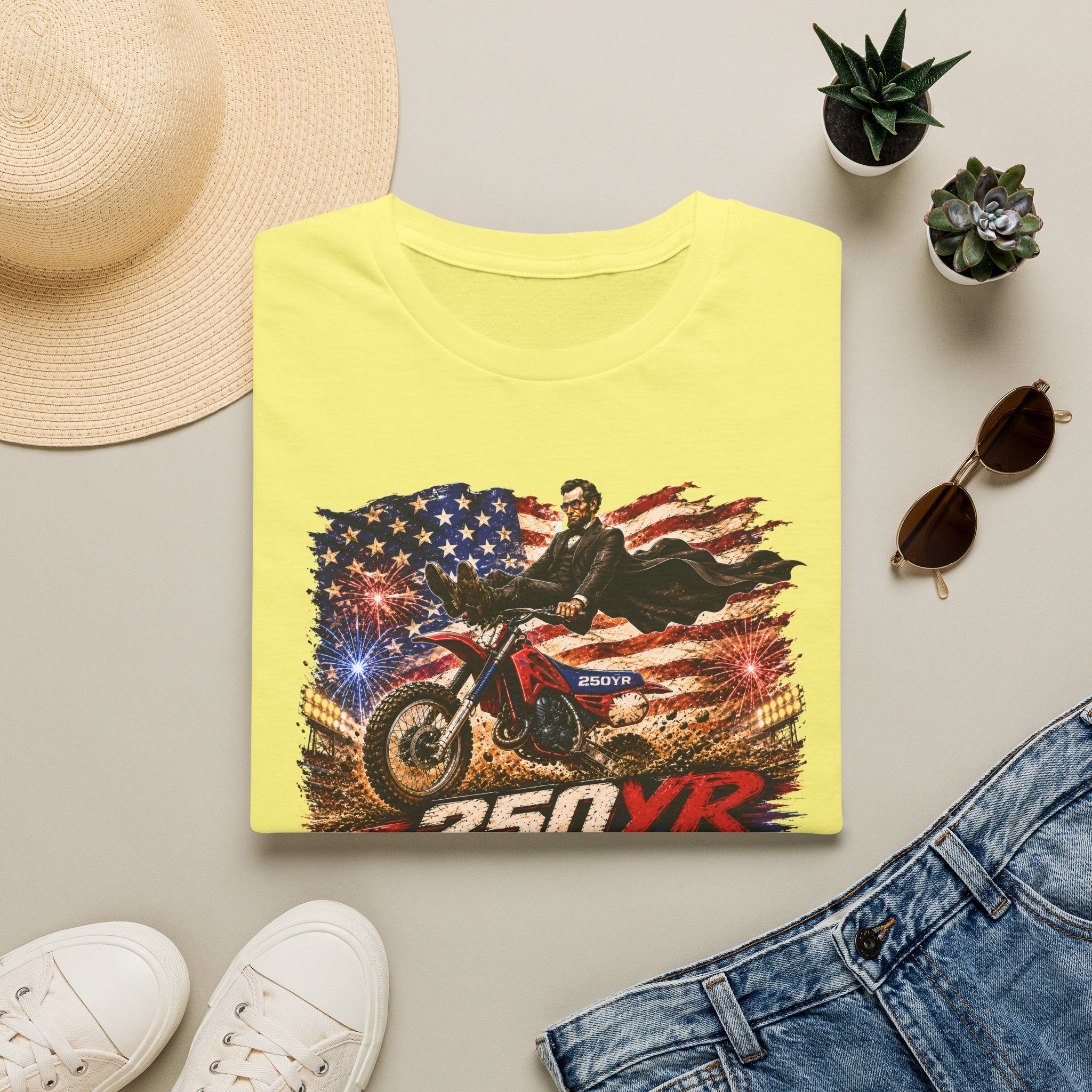 250YR Dirt Bike T‑Shirt — American Flag Motocross Racer Tee