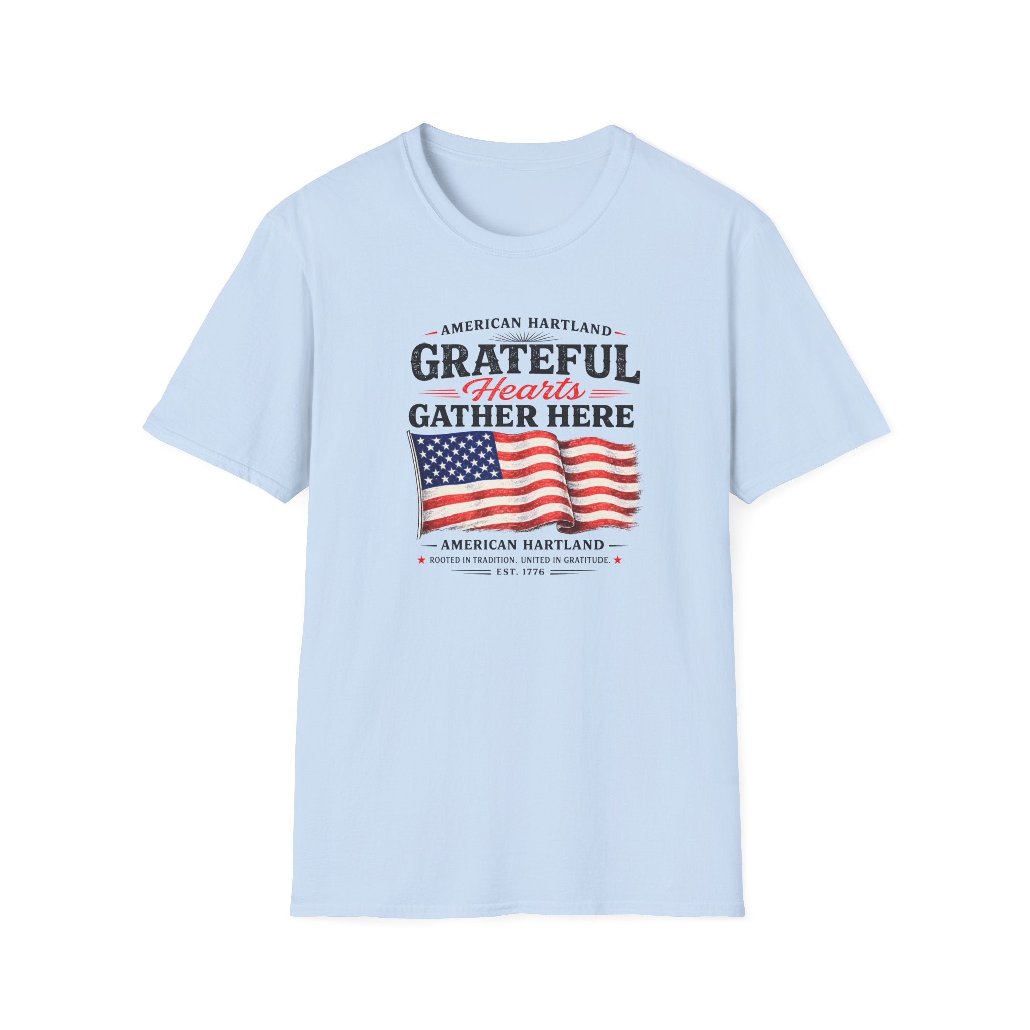 Grateful Hearts Gather Here T-Shirt — American Flag Patriotic Tee