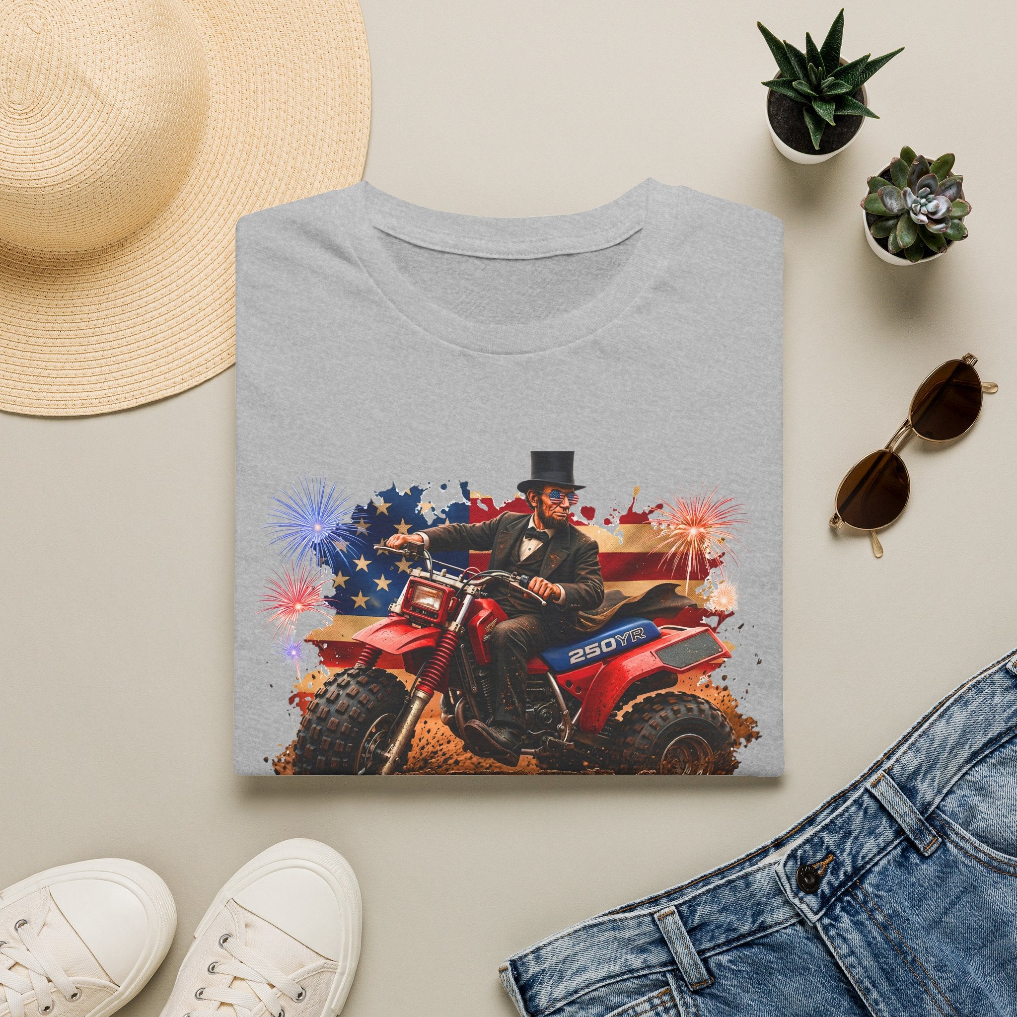 Patriotic Lincoln Riding ATV T-Shirt — 4th of July Veteran Americana Tee