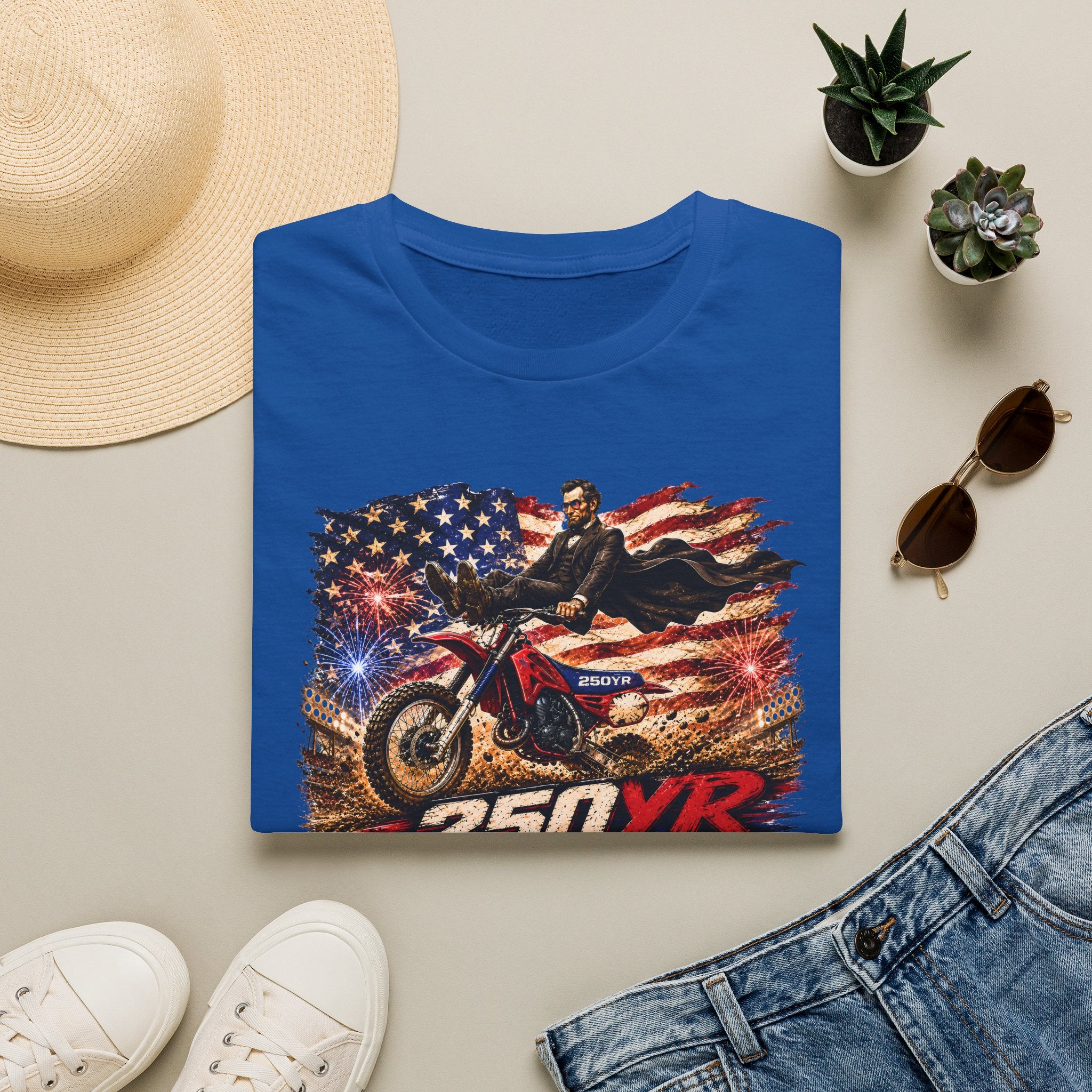 250YR Dirt Bike T‑Shirt — American Flag Motocross Racer Tee