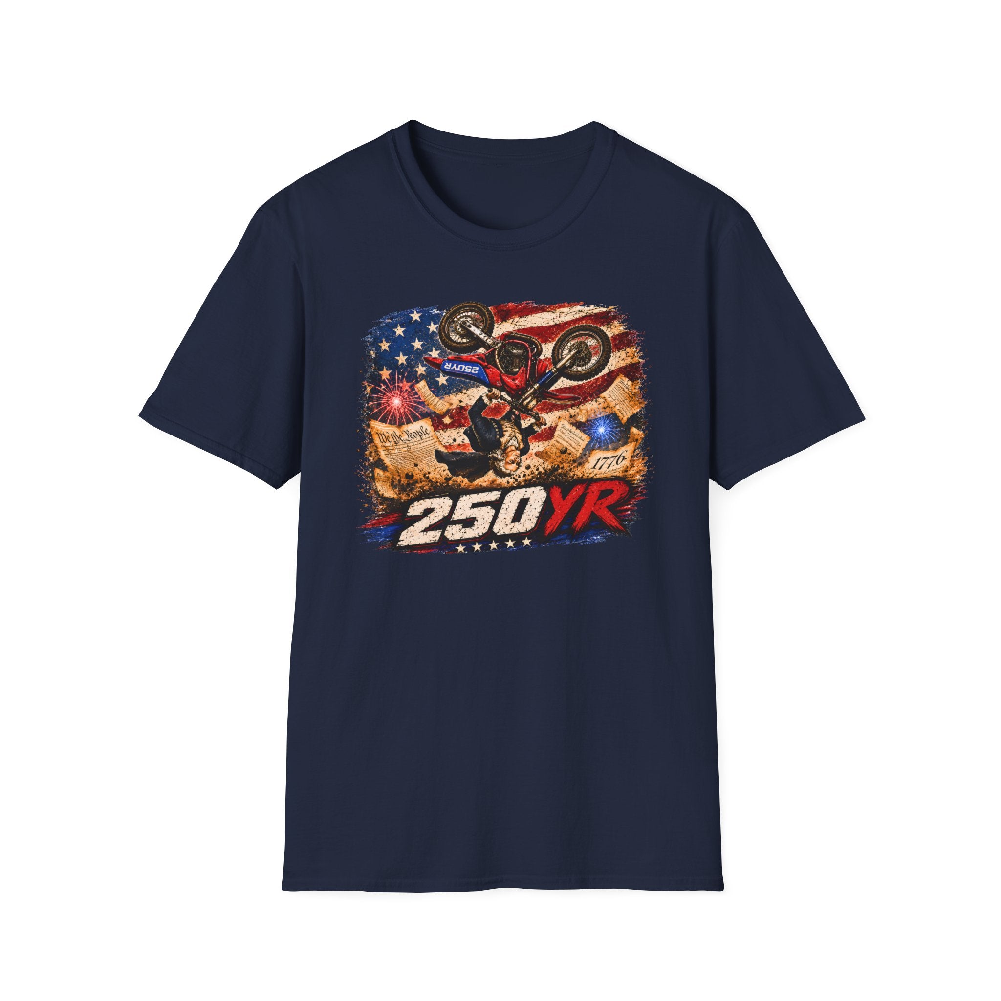 Motorcycle Stunt T-Shirt — American Flag 250YR Dirt Bike Graphic