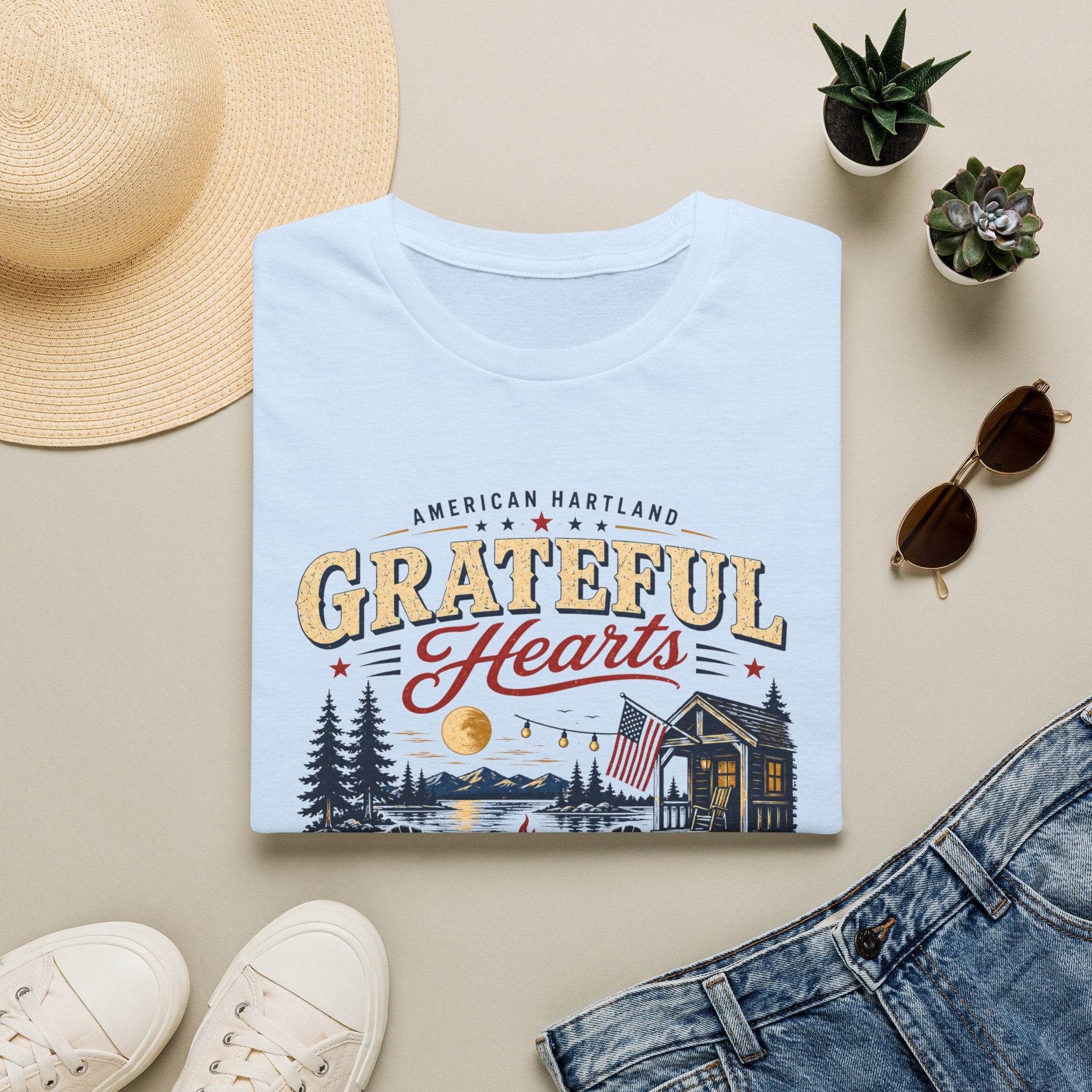 Grateful Hearts T-Shirt — American Heartland Cabin & Campfire Graphic