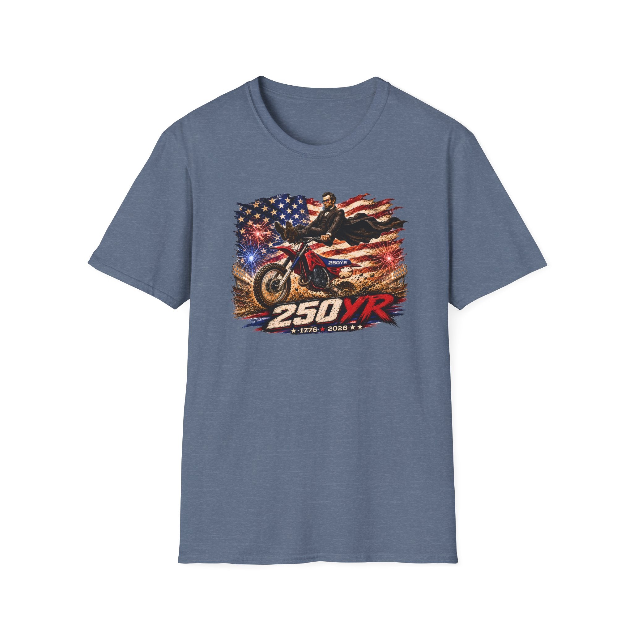 250YR Dirt Bike T‑Shirt — American Flag Motocross Racer Tee