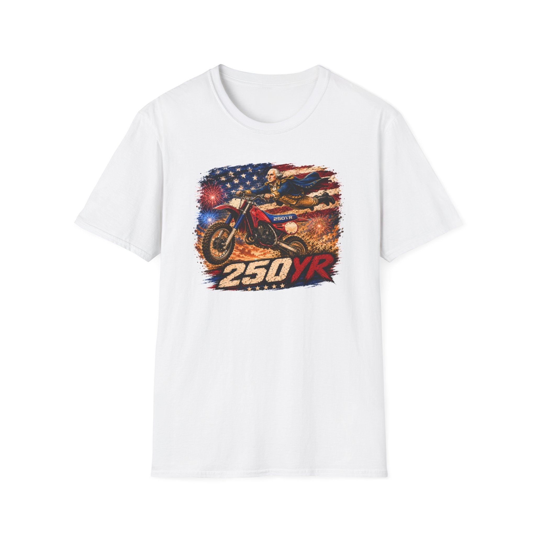 Motorcycle Patriotic T-Shirt — '250 YR' American Flag Dirt Bike Design