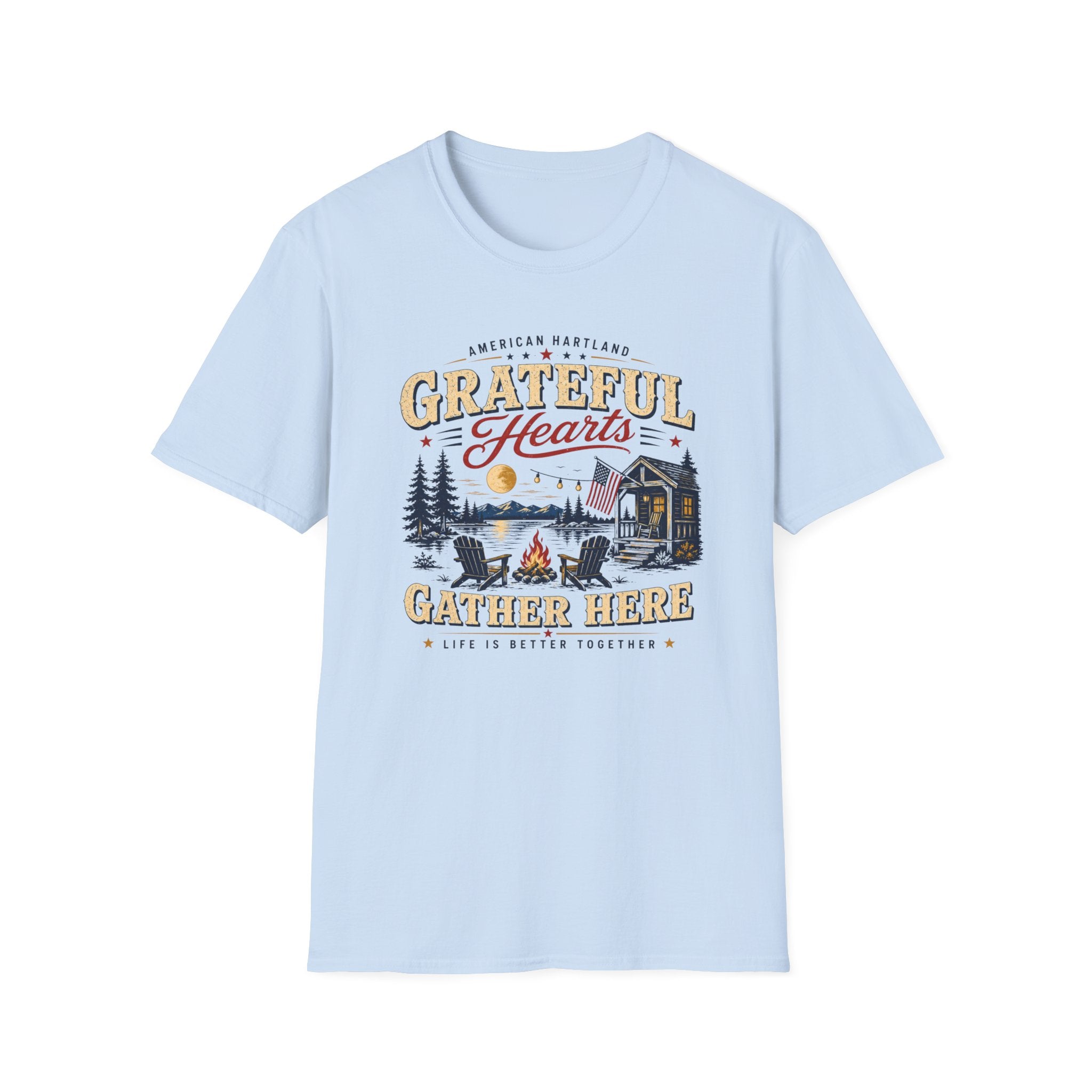 Grateful Hearts T-Shirt — American Heartland Cabin & Campfire Graphic