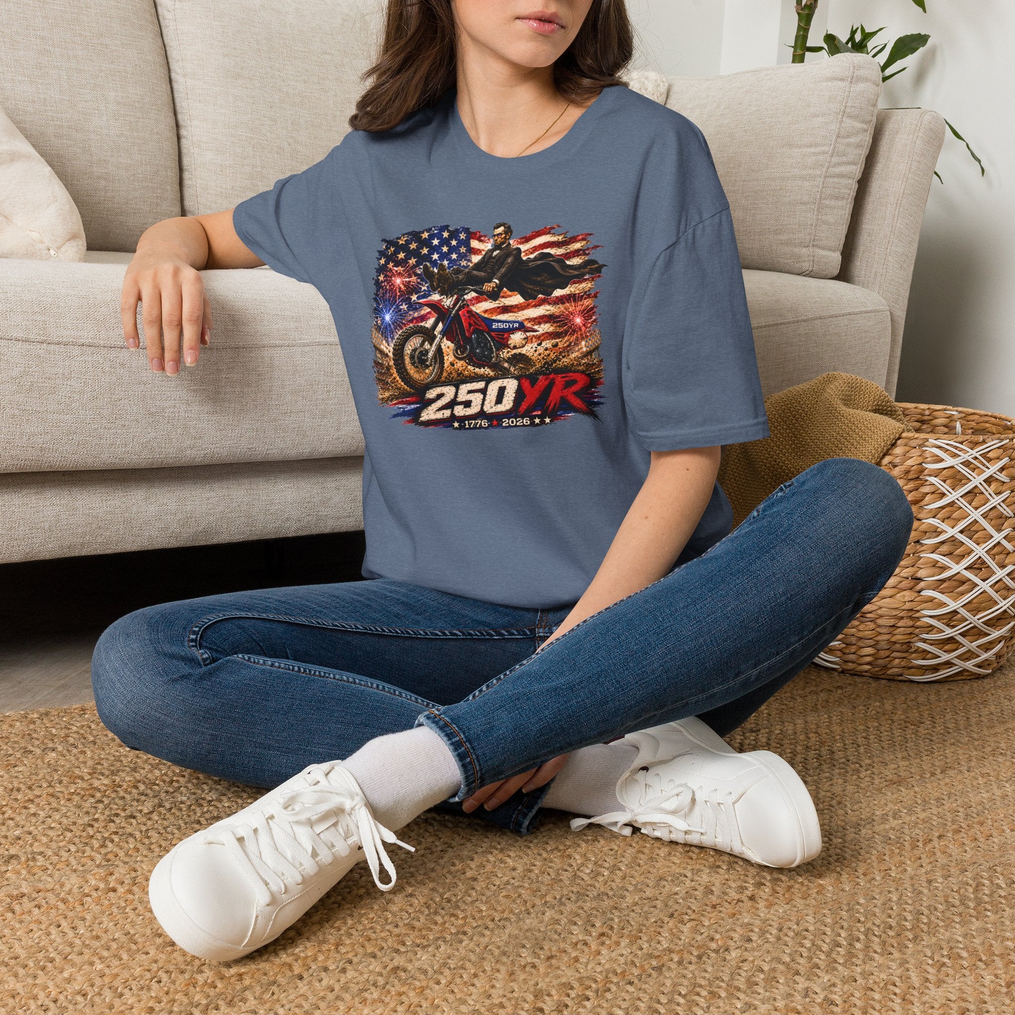 250YR Dirt Bike T‑Shirt — American Flag Motocross Racer Tee