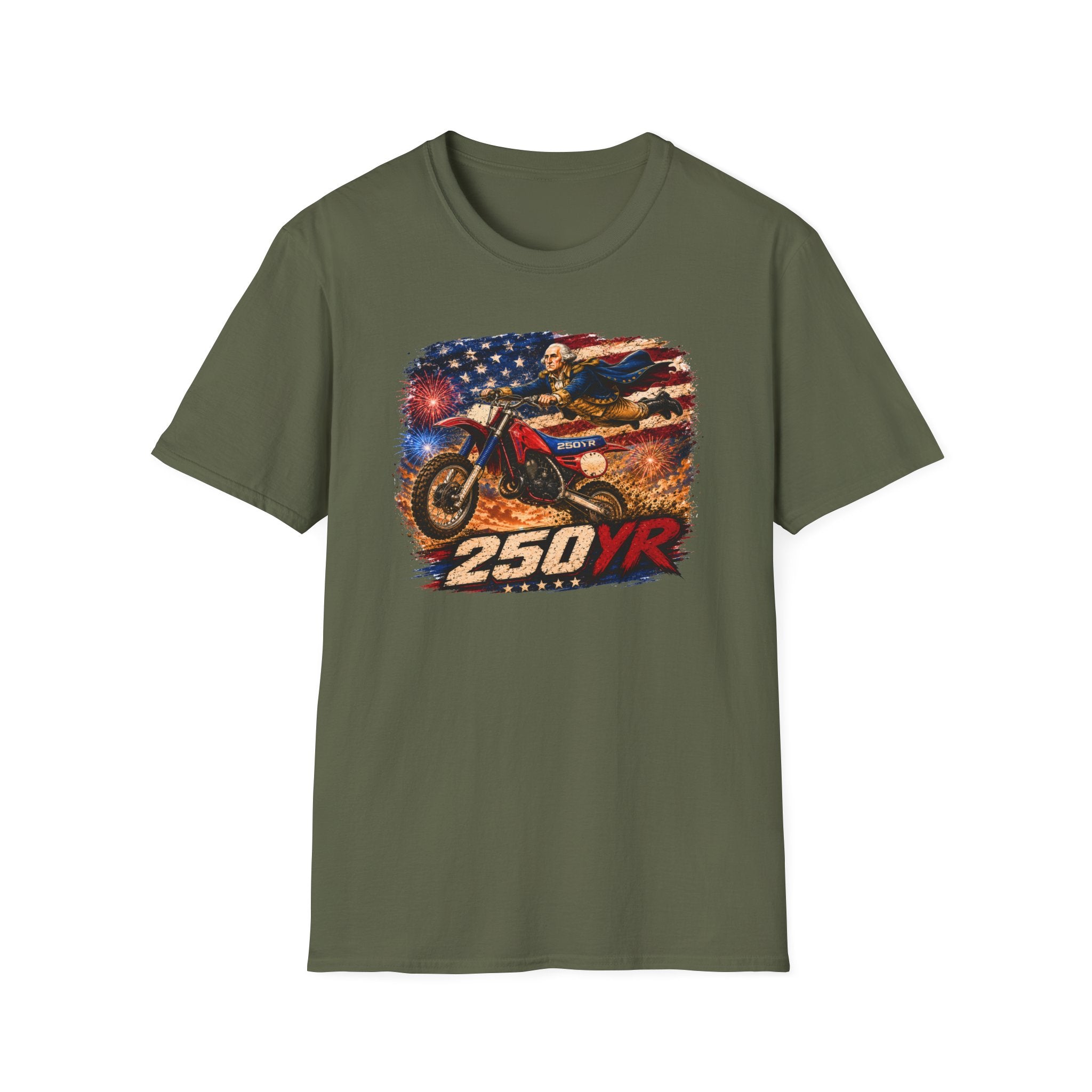 Motorcycle Patriotic T-Shirt — '250 YR' American Flag Dirt Bike Design
