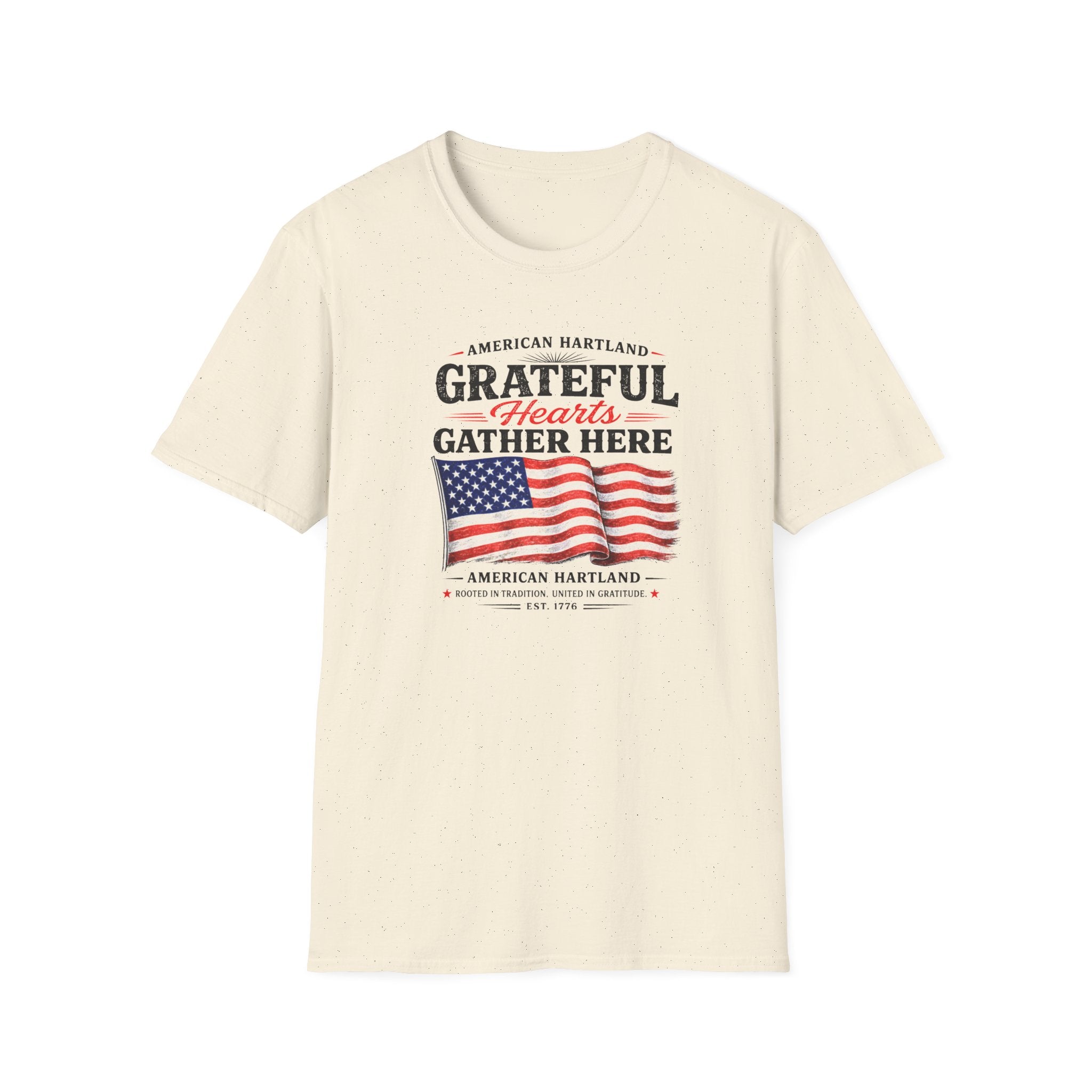 Grateful Hearts Gather Here T-Shirt — American Flag Patriotic Tee