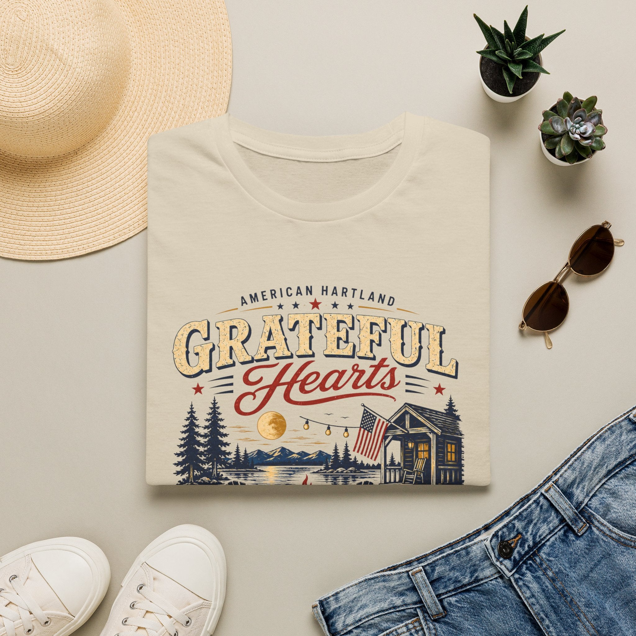 Grateful Hearts T-Shirt — American Heartland Cabin & Campfire Graphic