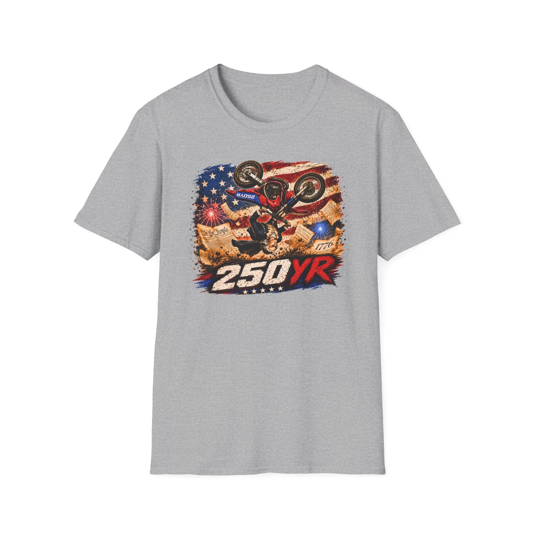 Motorcycle Stunt T-Shirt — American Flag 250YR Dirt Bike Graphic