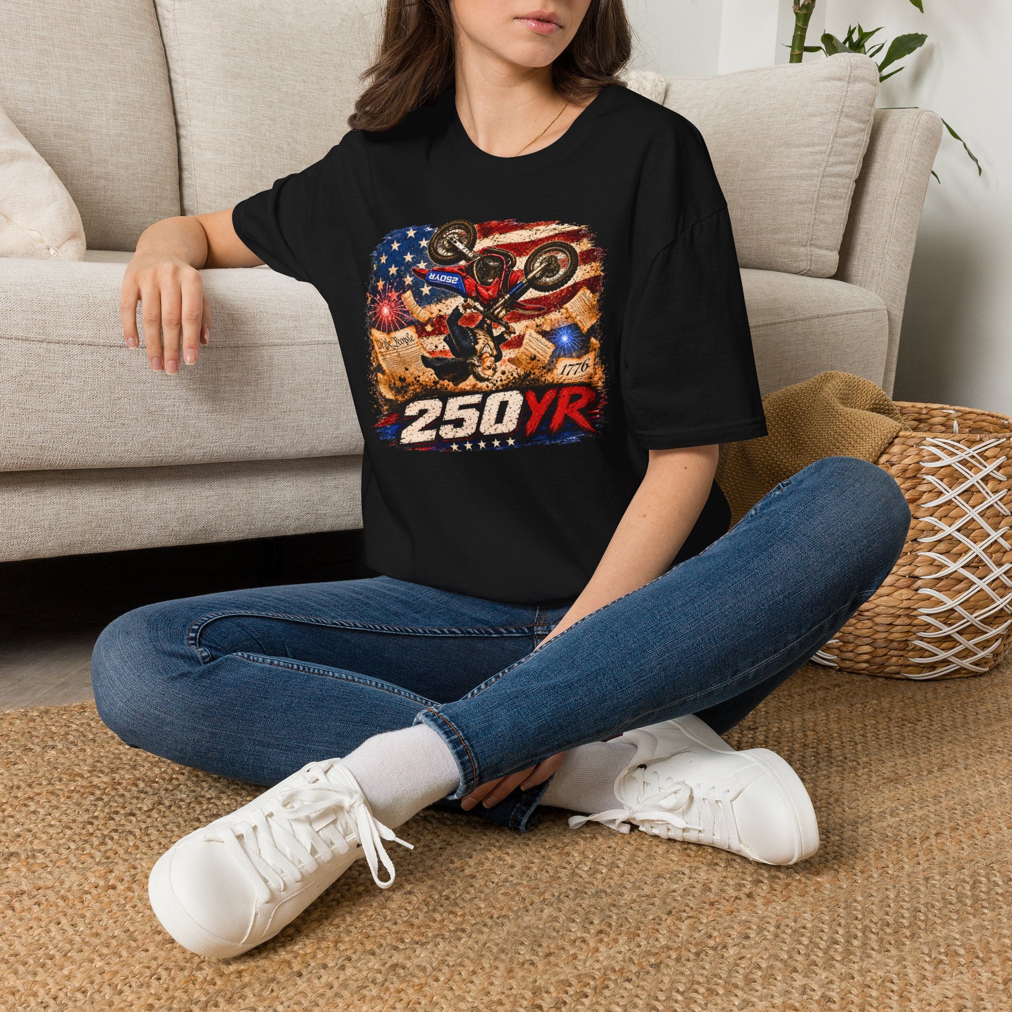 Motorcycle Stunt T-Shirt — American Flag 250YR Dirt Bike Graphic