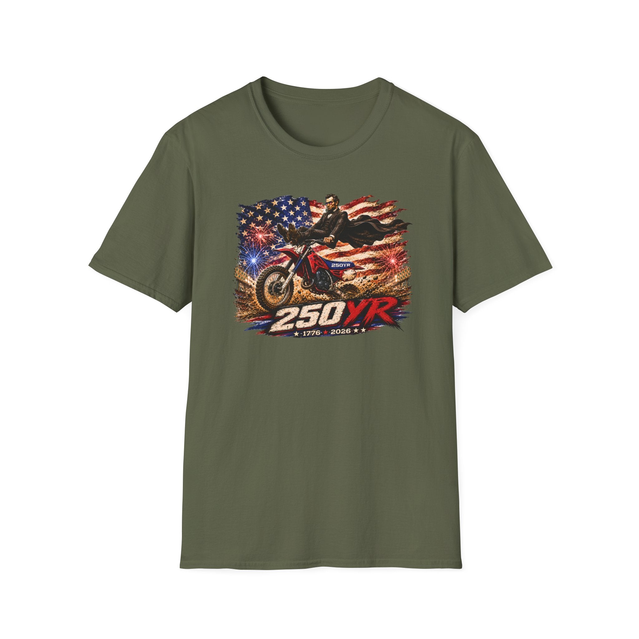 250YR Dirt Bike T‑Shirt — American Flag Motocross Racer Tee