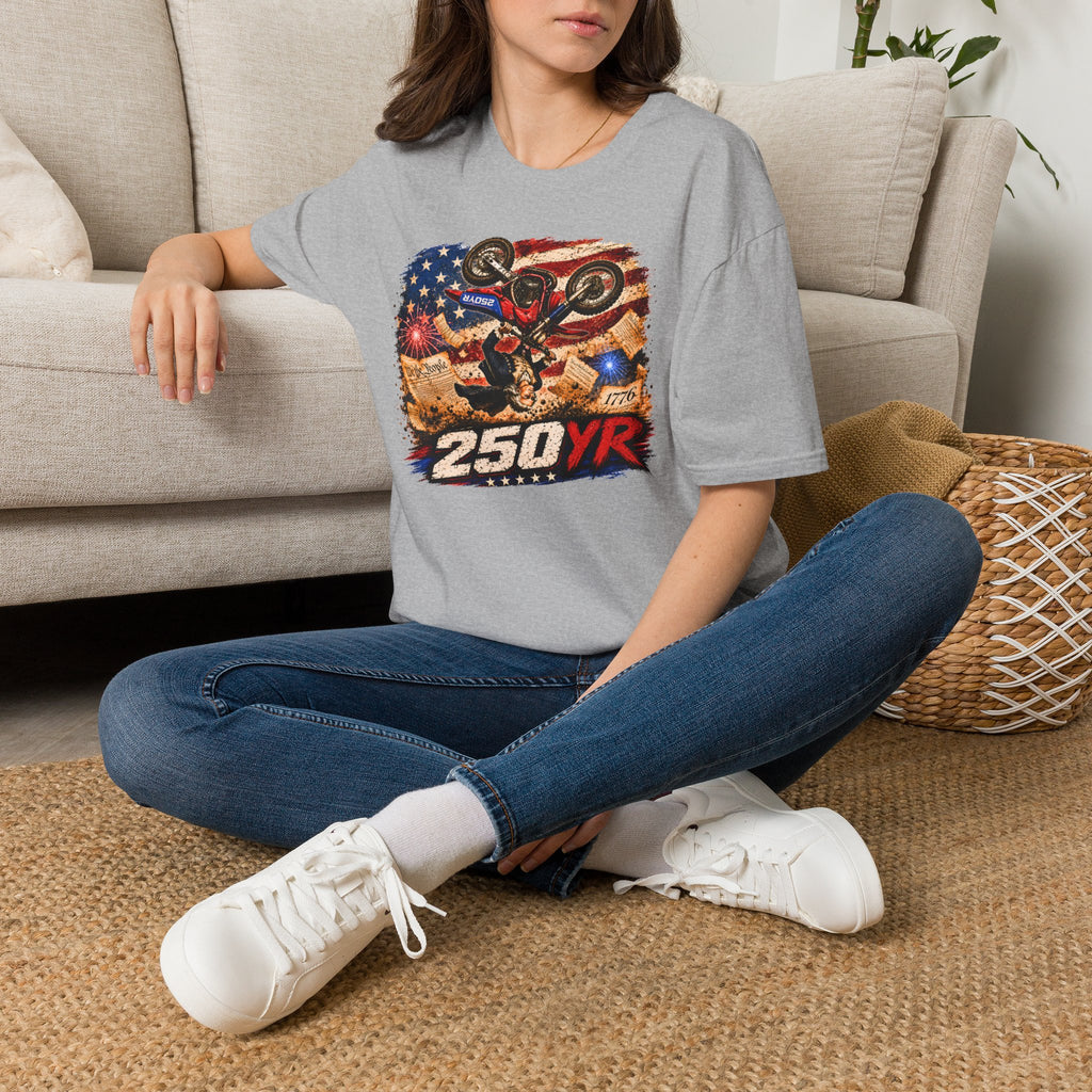 Motorcycle Stunt T-Shirt — American Flag 250YR Dirt Bike Graphic