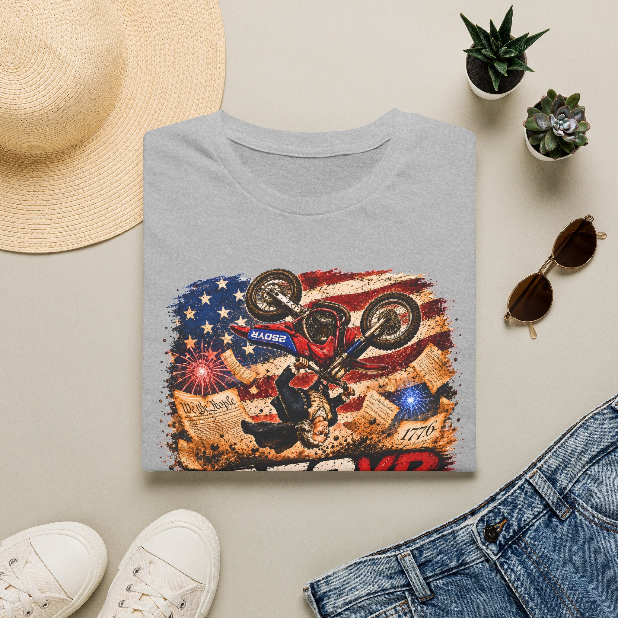 Motorcycle Stunt T-Shirt — American Flag 250YR Dirt Bike Graphic