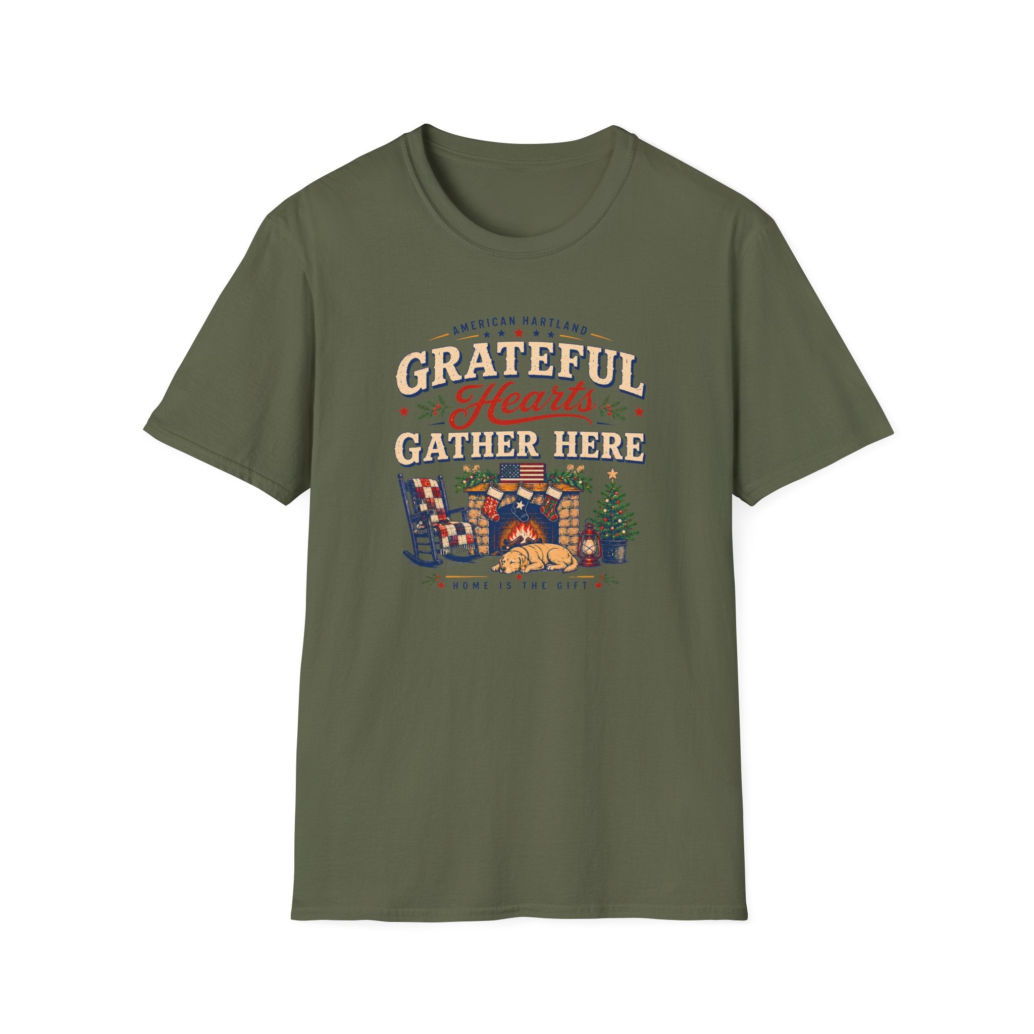 Grateful Hearts Gather Here T-Shirt — Cozy Americana Tee