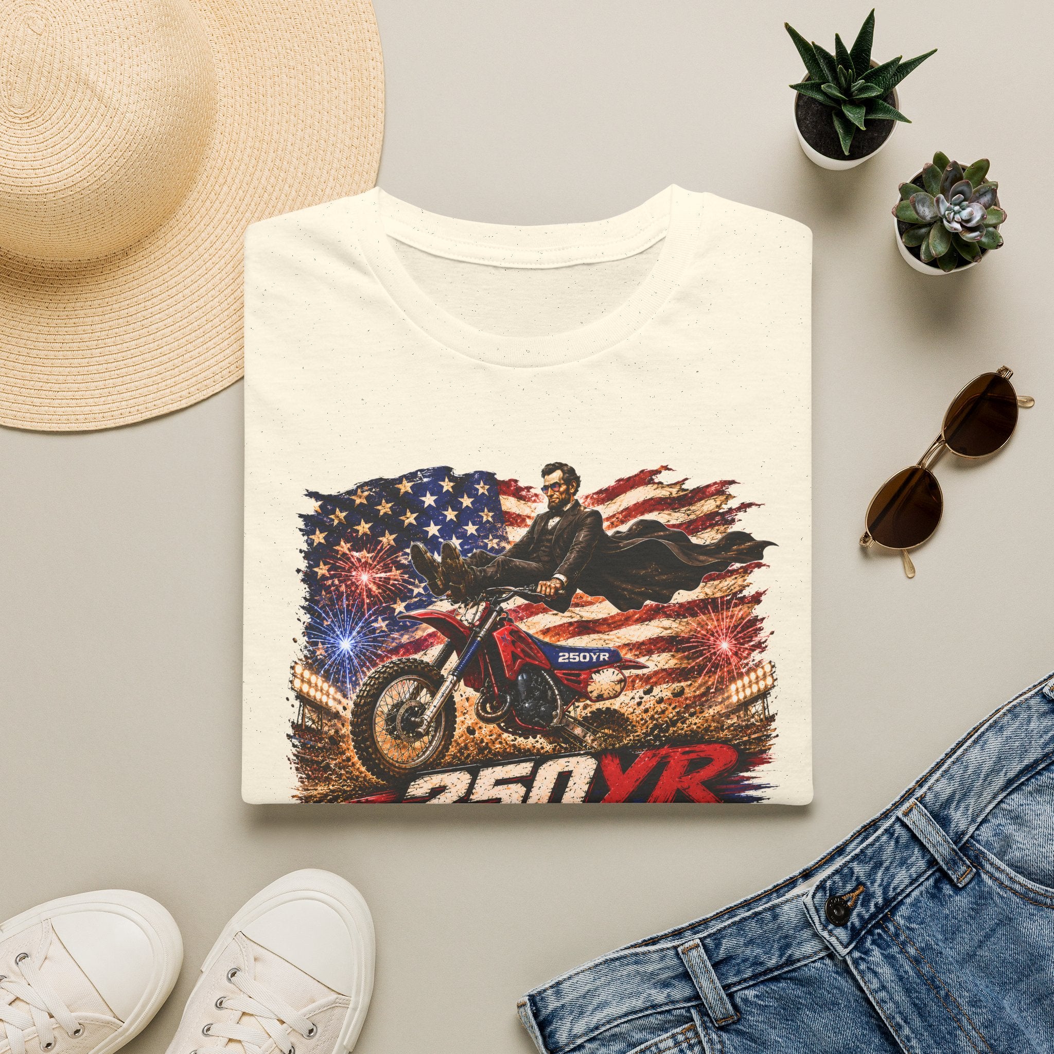 250YR Dirt Bike T‑Shirt — American Flag Motocross Racer Tee