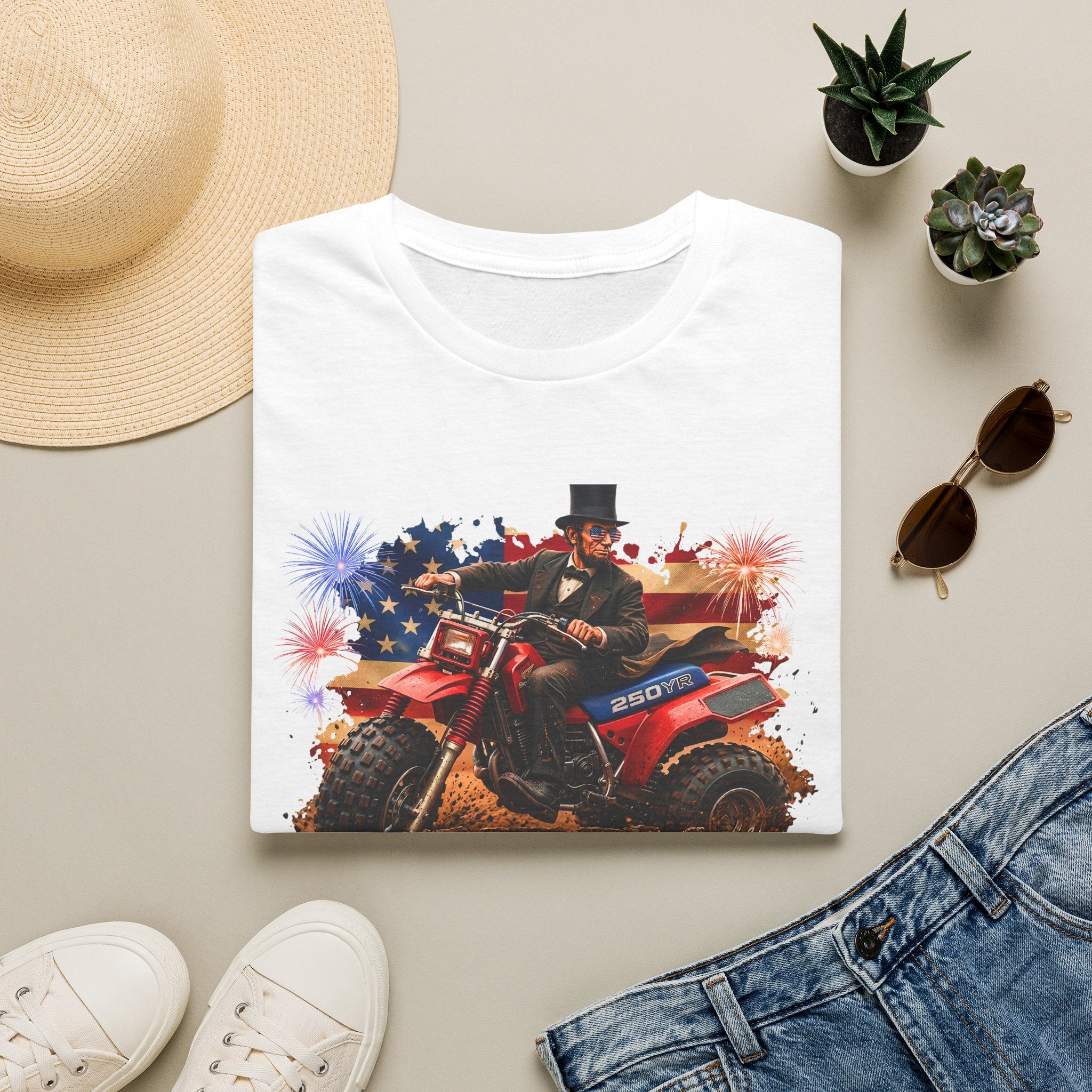 Patriotic Lincoln Riding ATV T-Shirt — 4th of July Veteran Americana Tee
