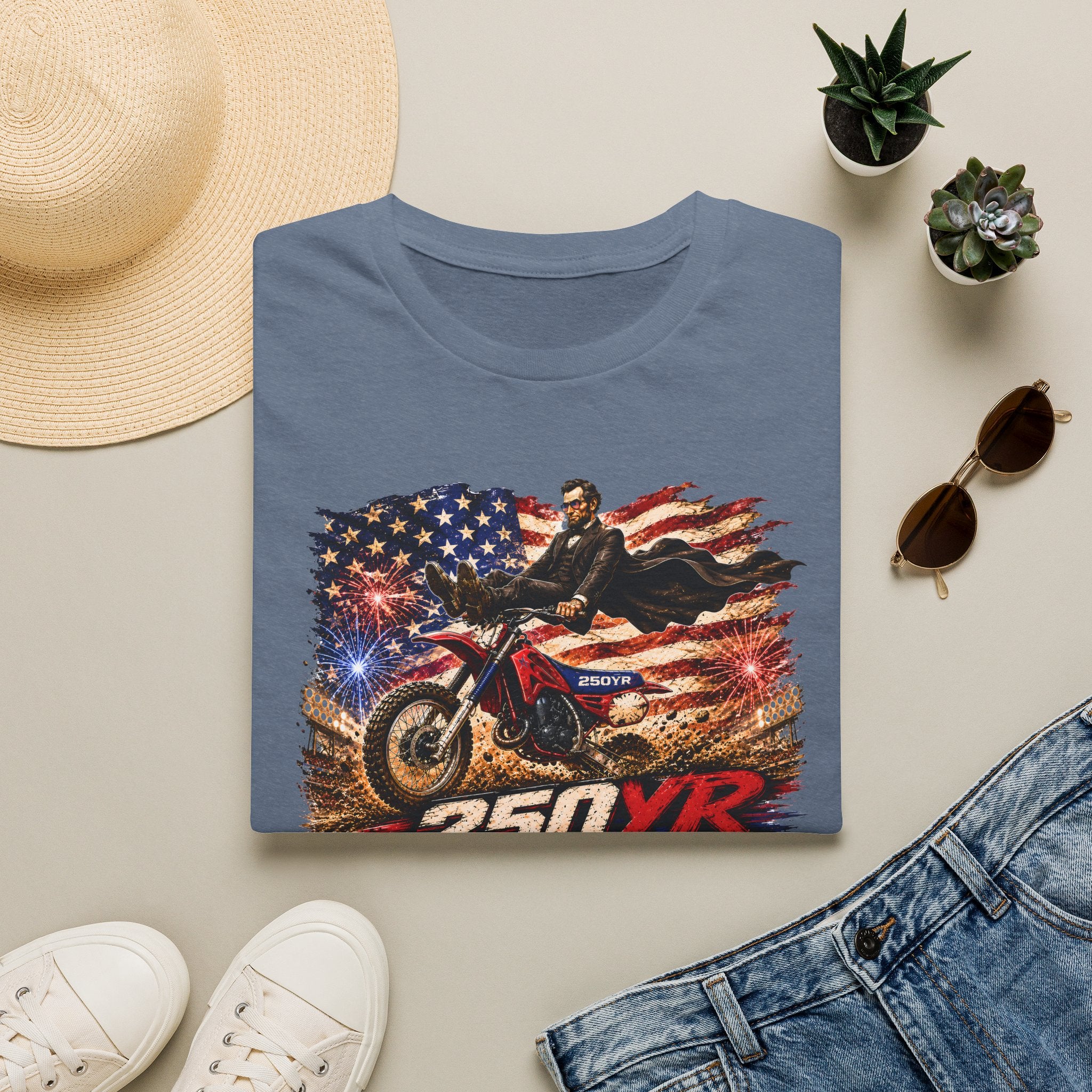 250YR Dirt Bike T‑Shirt — American Flag Motocross Racer Tee