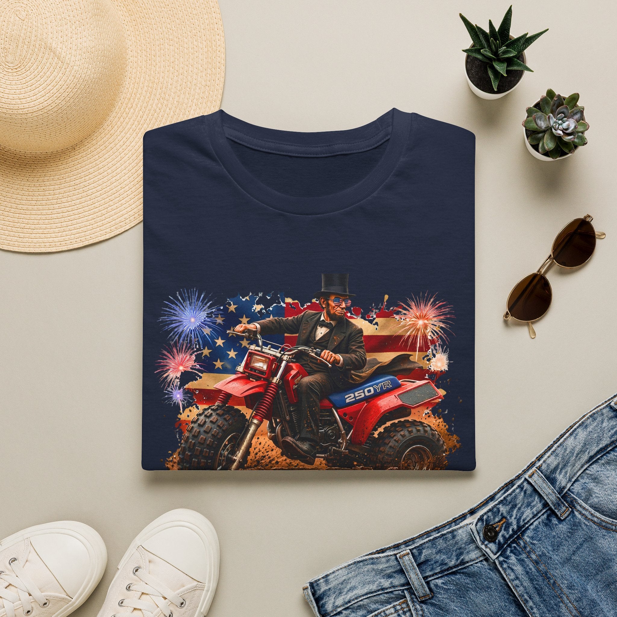 Patriotic Lincoln Riding ATV T-Shirt — 4th of July Veteran Americana Tee