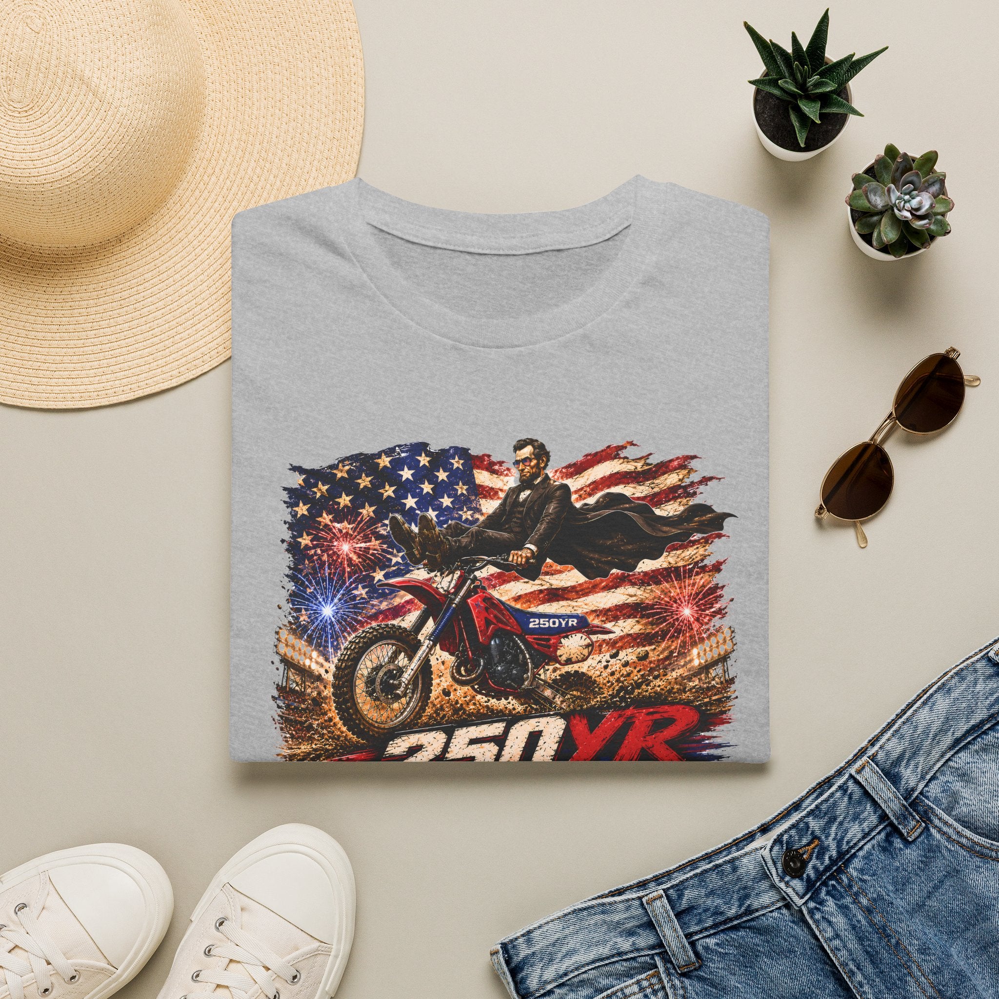 250YR Dirt Bike T‑Shirt — American Flag Motocross Racer Tee