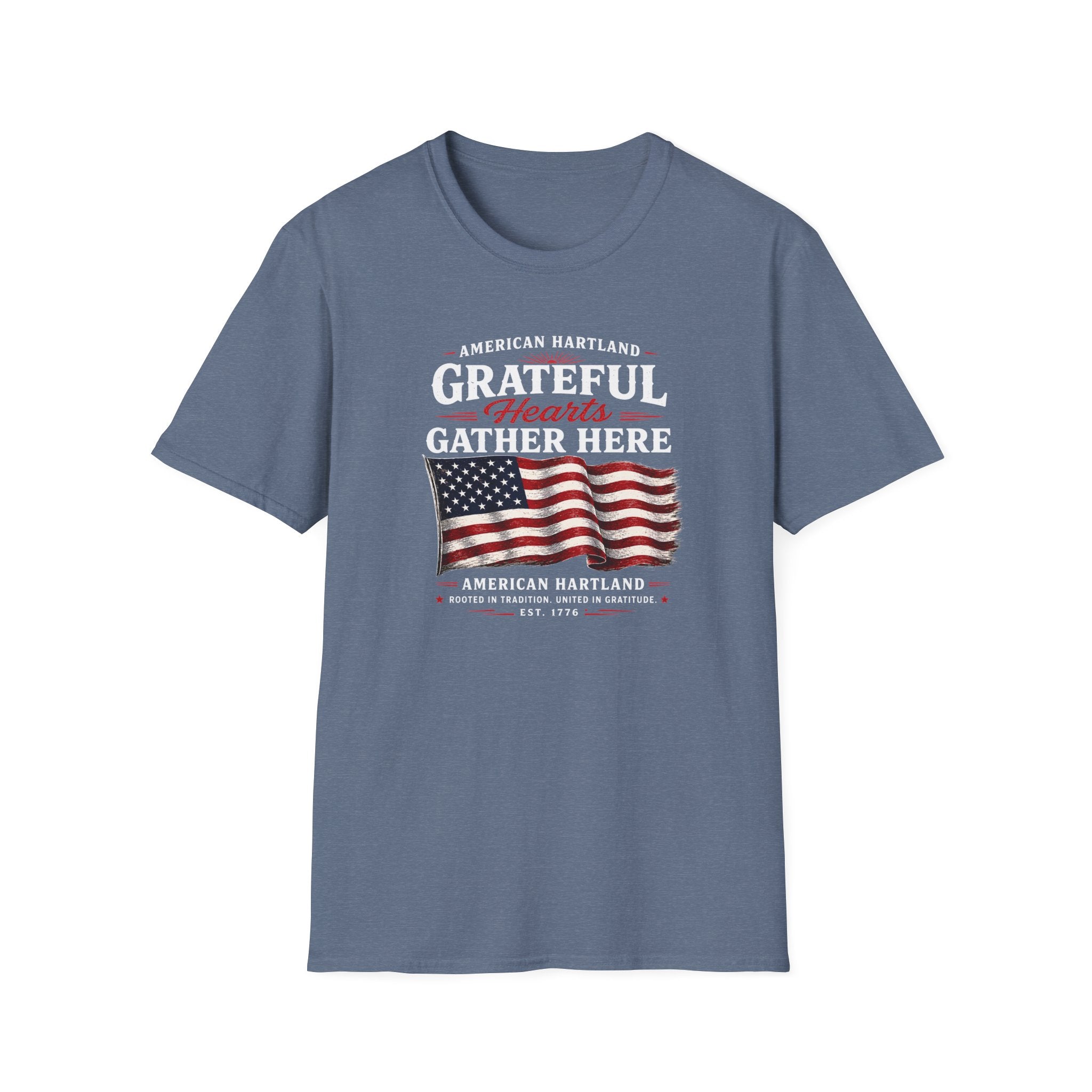 Grateful Hearts Gather Here T-Shirt — American Flag Patriotic Tee