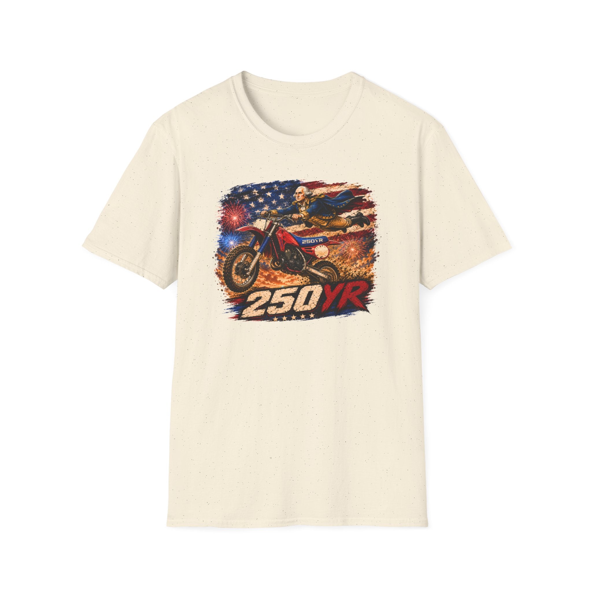 Motorcycle Patriotic T-Shirt — '250 YR' American Flag Dirt Bike Design