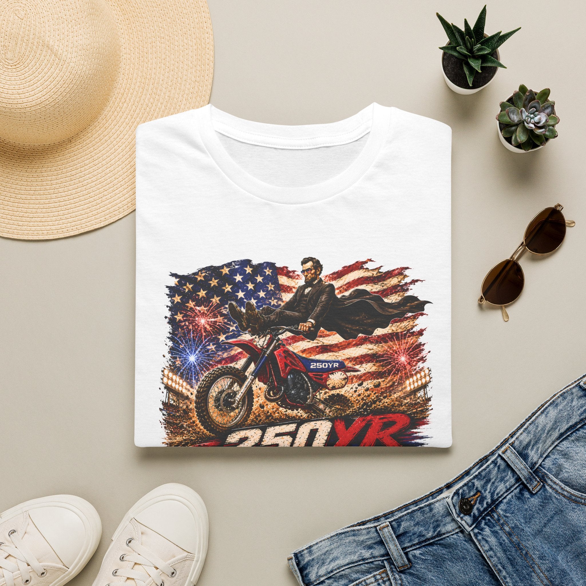 250YR Dirt Bike T‑Shirt — American Flag Motocross Racer Tee