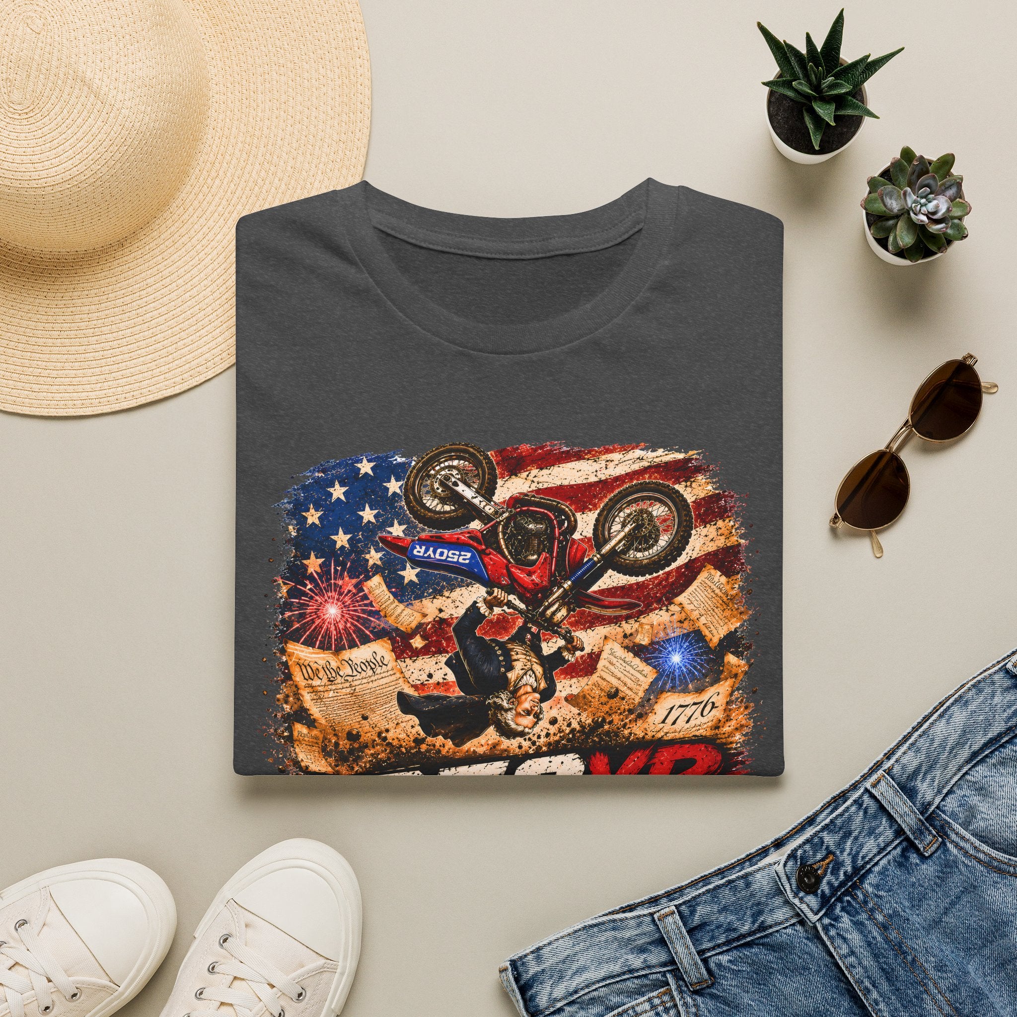 Motorcycle Stunt T-Shirt — American Flag 250YR Dirt Bike Graphic