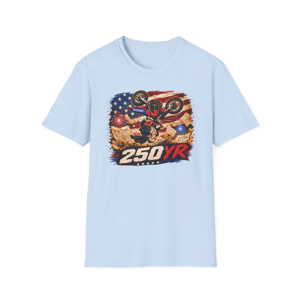 Motorcycle Stunt T-Shirt — American Flag 250YR Dirt Bike Graphic