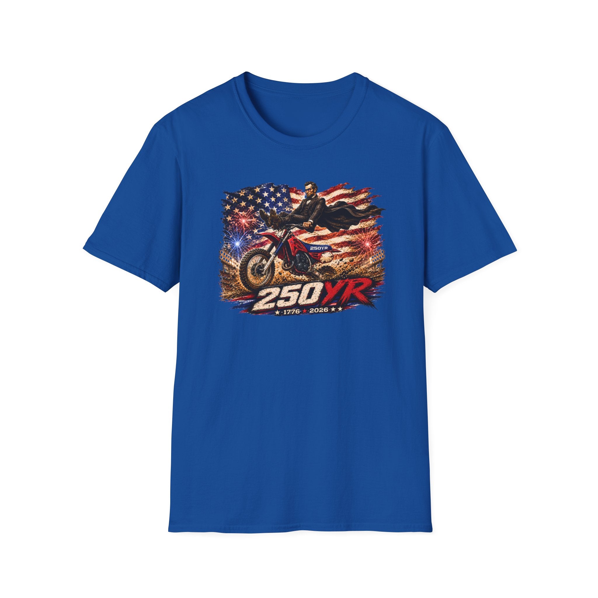 250YR Dirt Bike T‑Shirt — American Flag Motocross Racer Tee