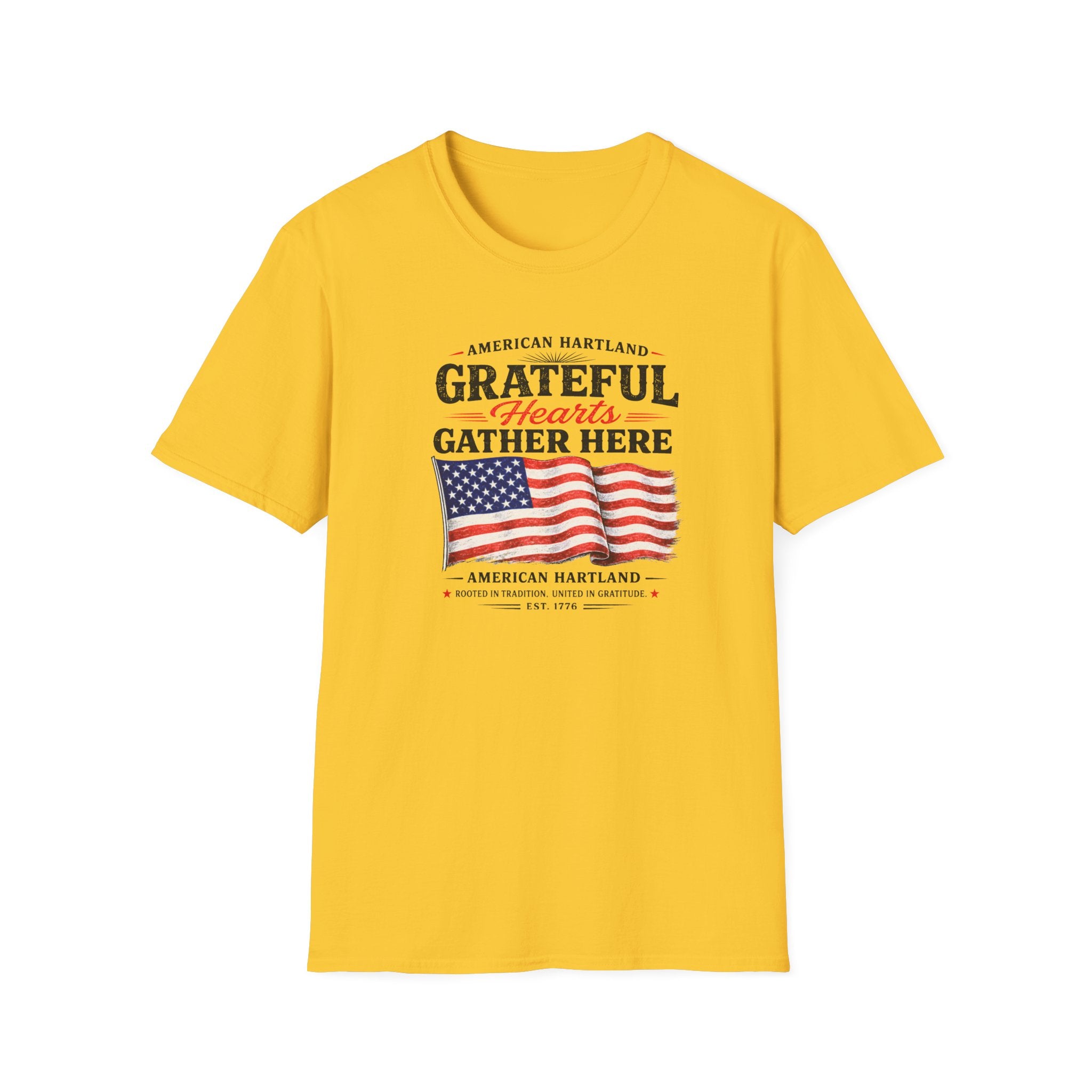 Grateful Hearts Gather Here T-Shirt — American Flag Patriotic Tee