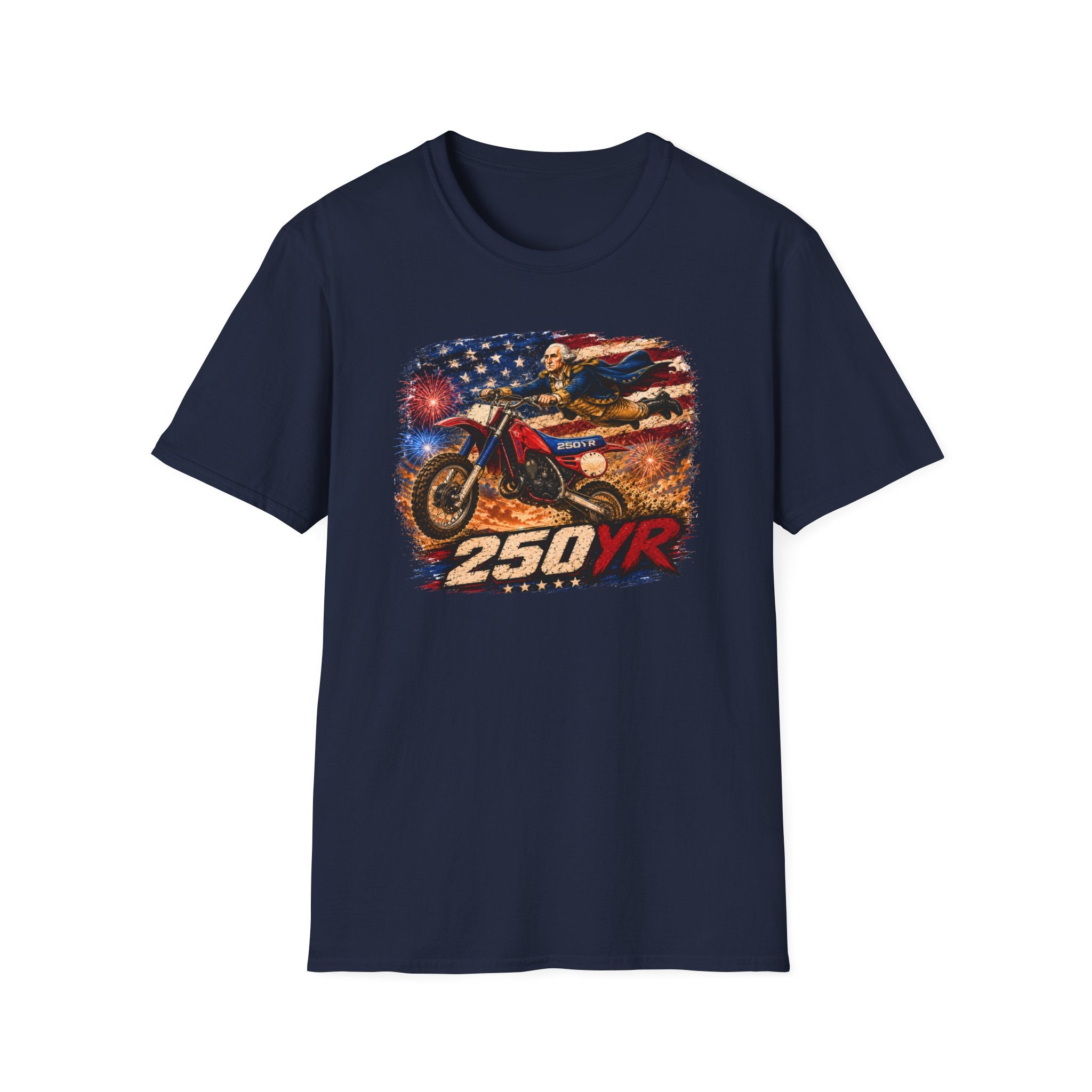Motorcycle Patriotic T-Shirt — '250 YR' American Flag Dirt Bike Design