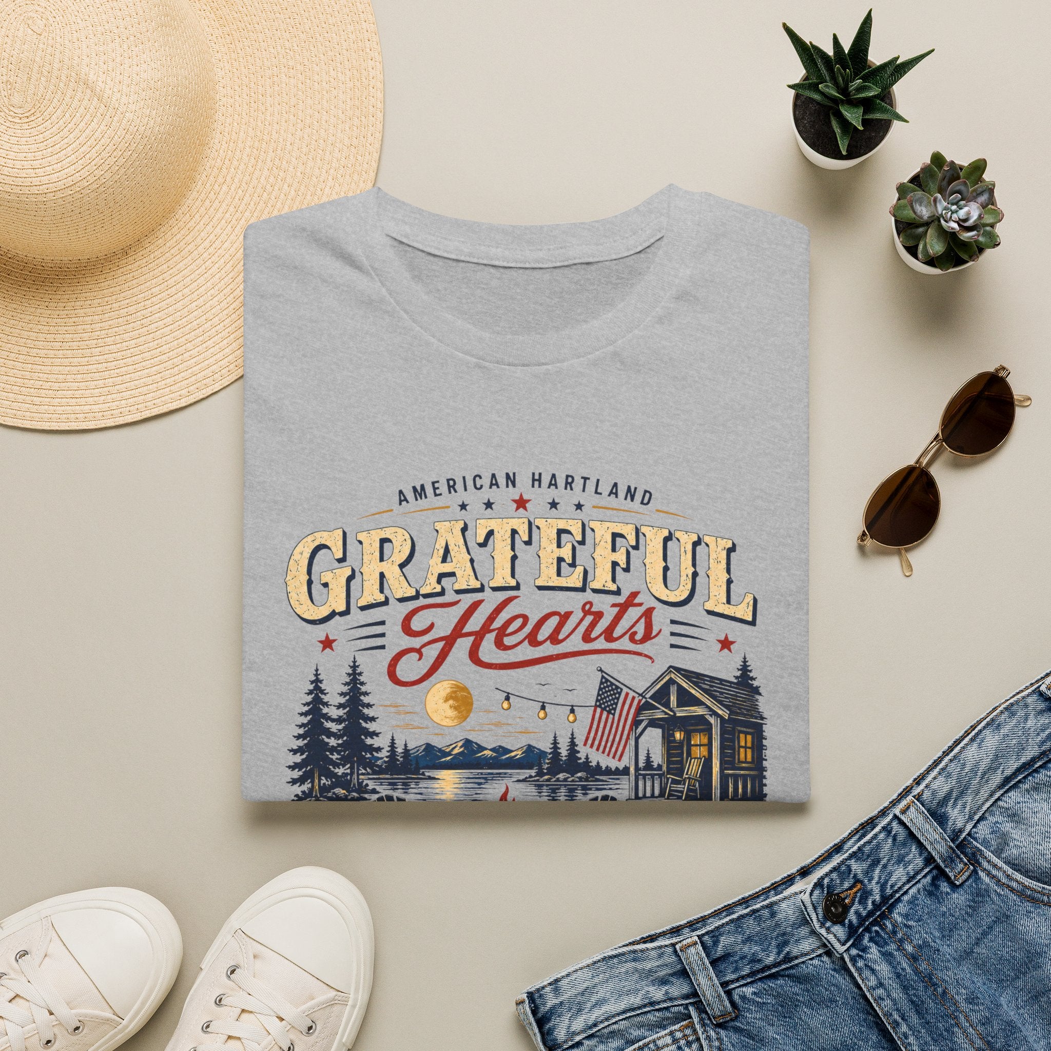 Grateful Hearts T-Shirt — American Heartland Cabin & Campfire Graphic
