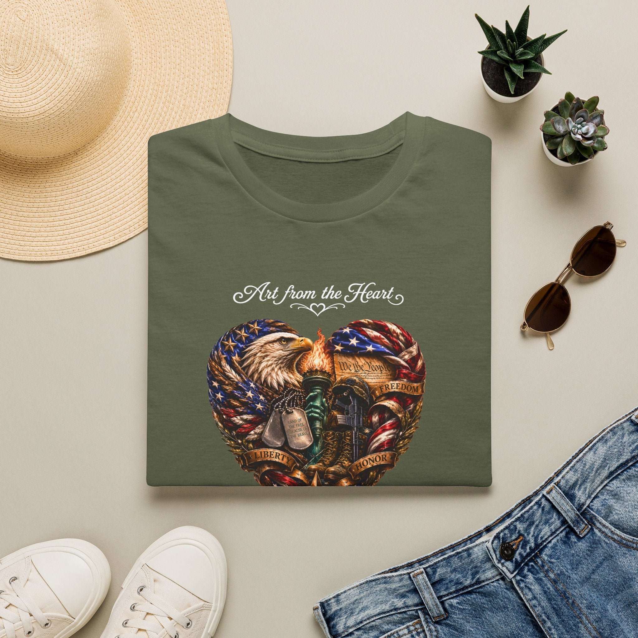 T-Shirt — "Art From the Heart" American Veterans Patriotic Eagle Heart Design