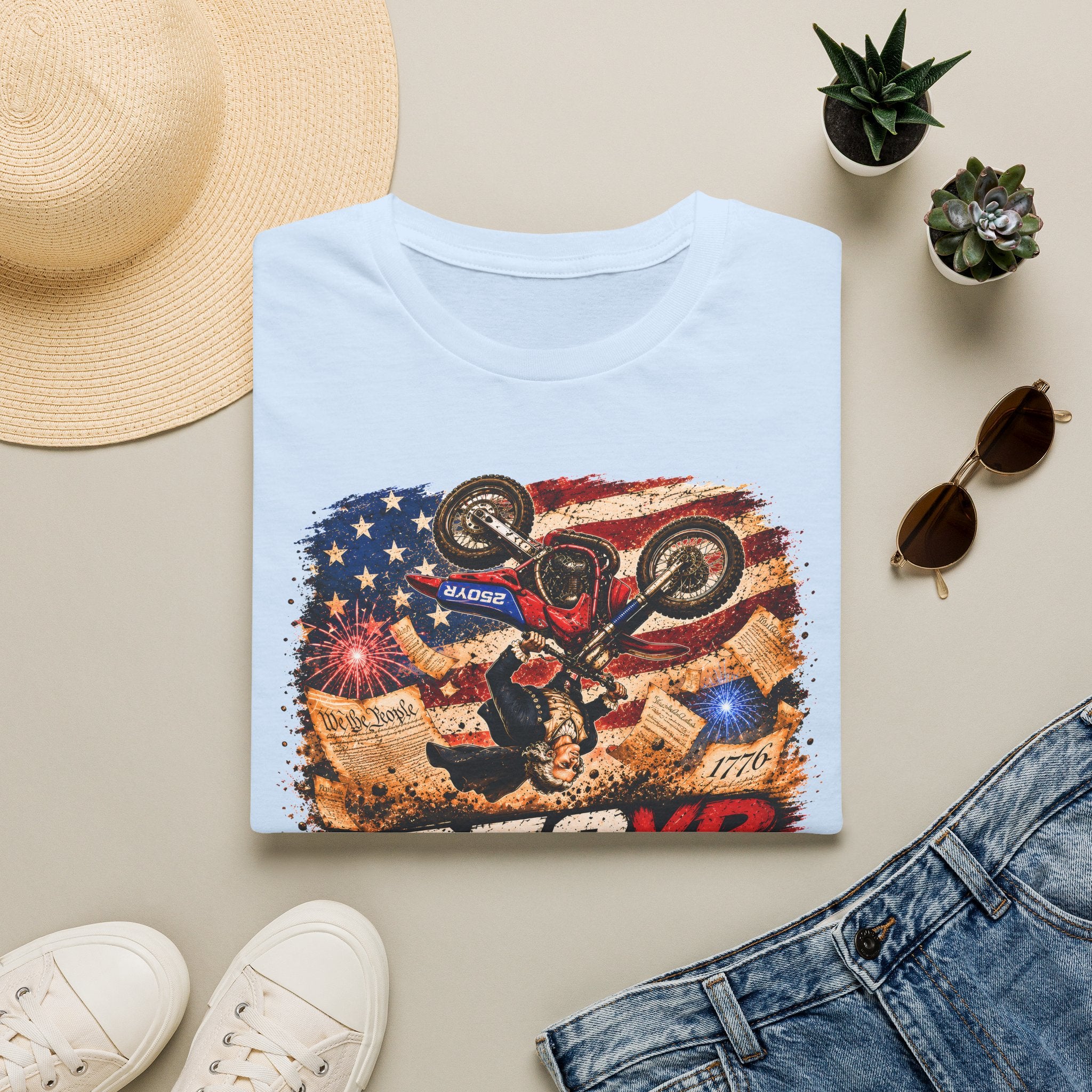 Motorcycle Stunt T-Shirt — American Flag 250YR Dirt Bike Graphic