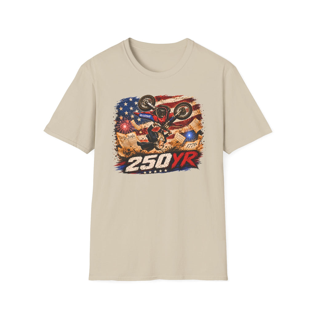 Motorcycle Stunt T-Shirt — American Flag 250YR Dirt Bike Graphic