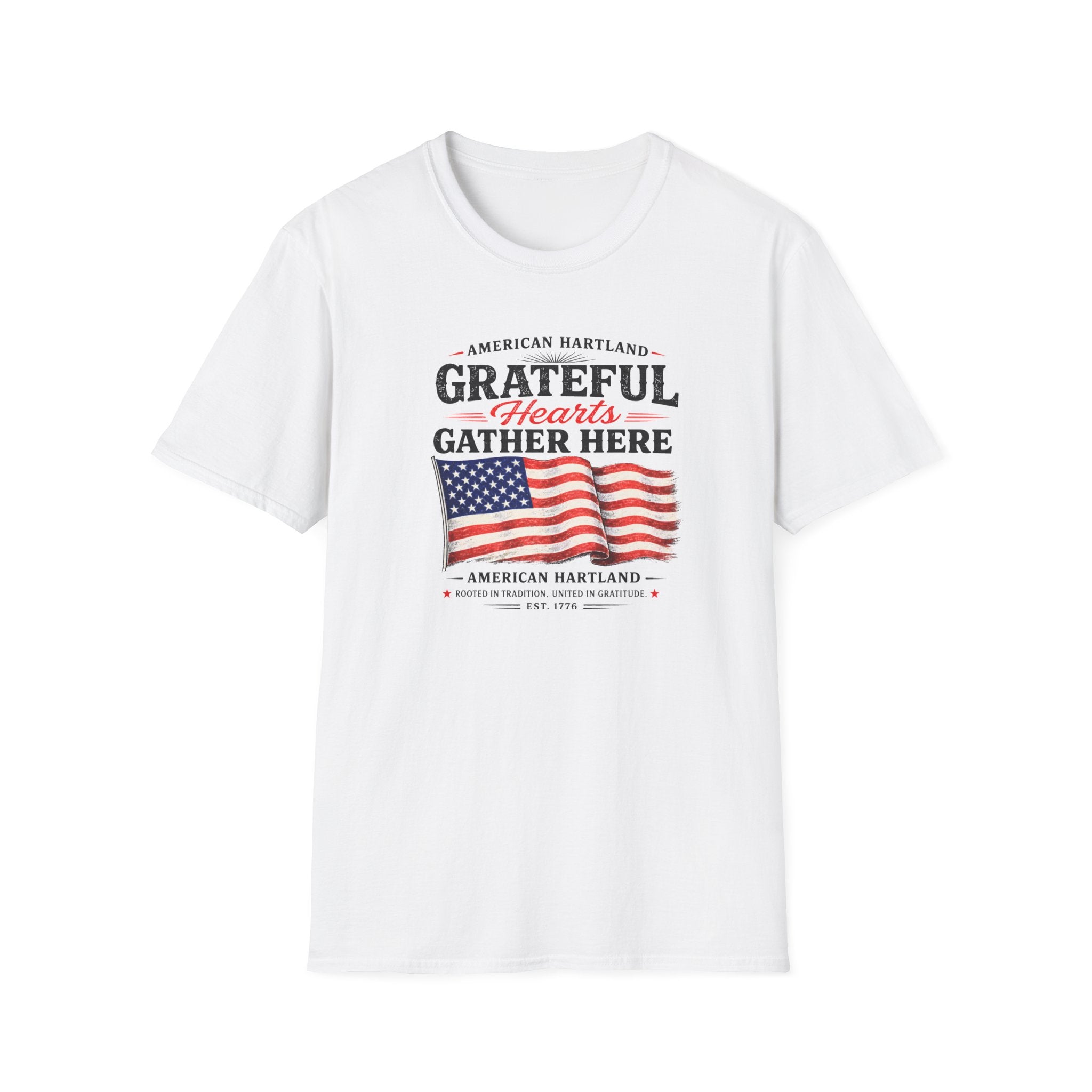 Grateful Hearts Gather Here T-Shirt — American Flag Patriotic Tee