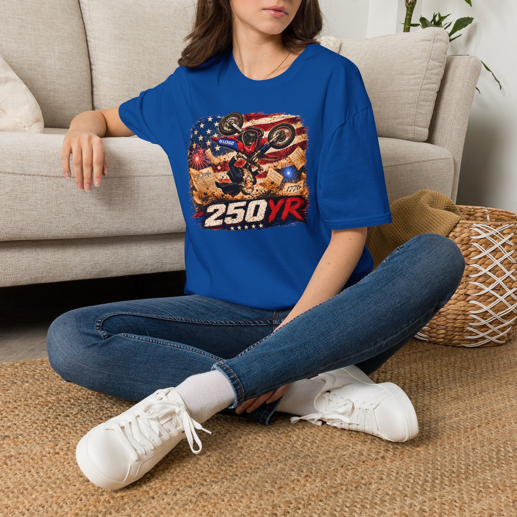 Motorcycle Stunt T-Shirt — American Flag 250YR Dirt Bike Graphic