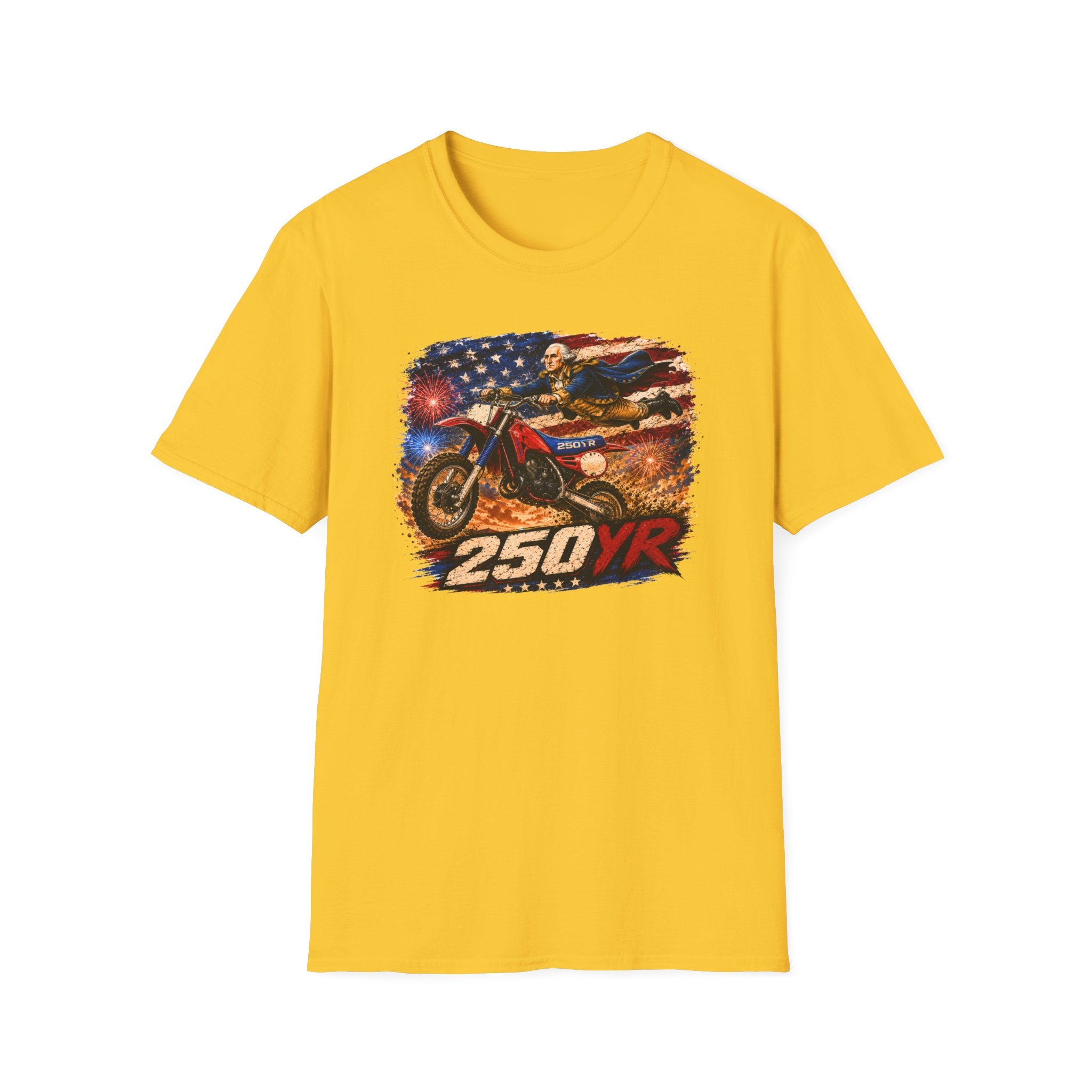 Motorcycle Patriotic T-Shirt — '250 YR' American Flag Dirt Bike Design