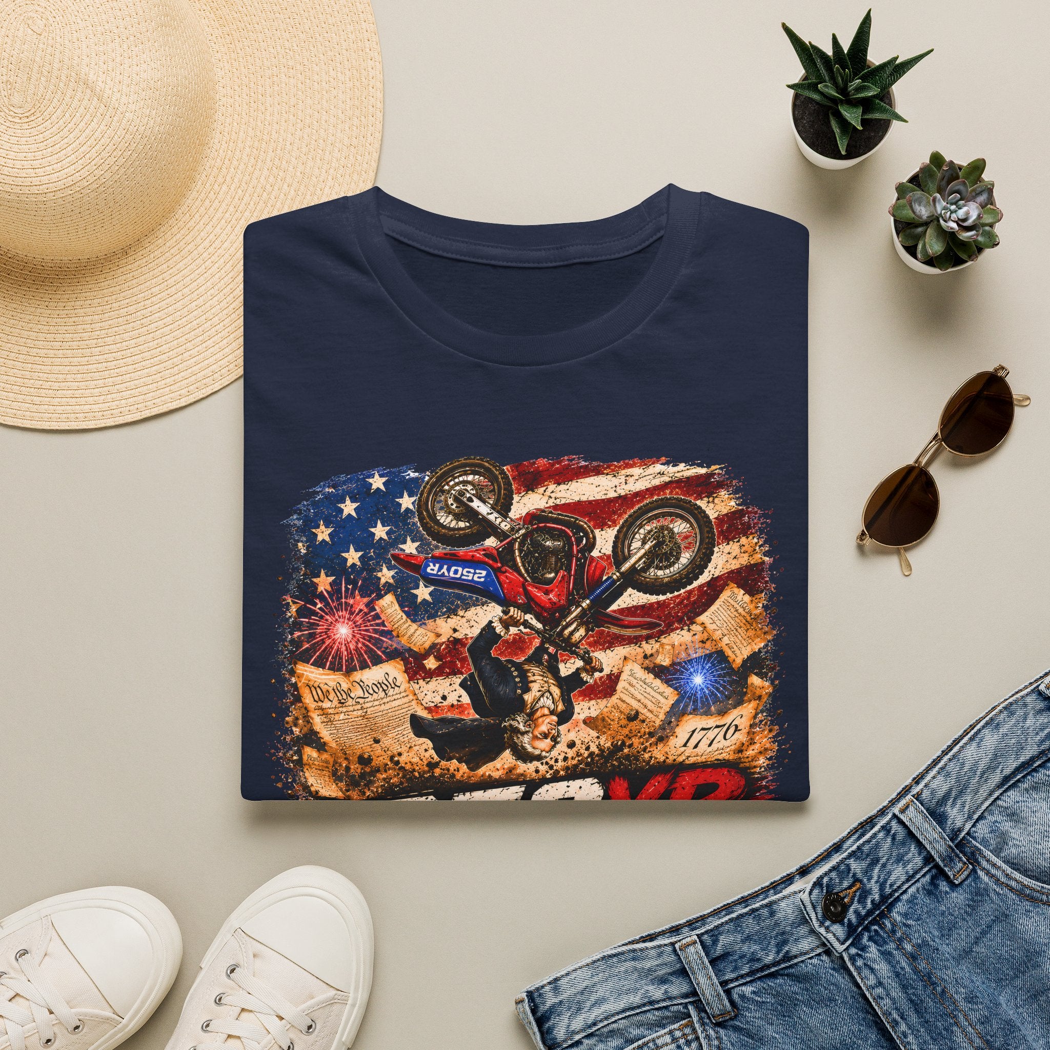 Motorcycle Stunt T-Shirt — American Flag 250YR Dirt Bike Graphic