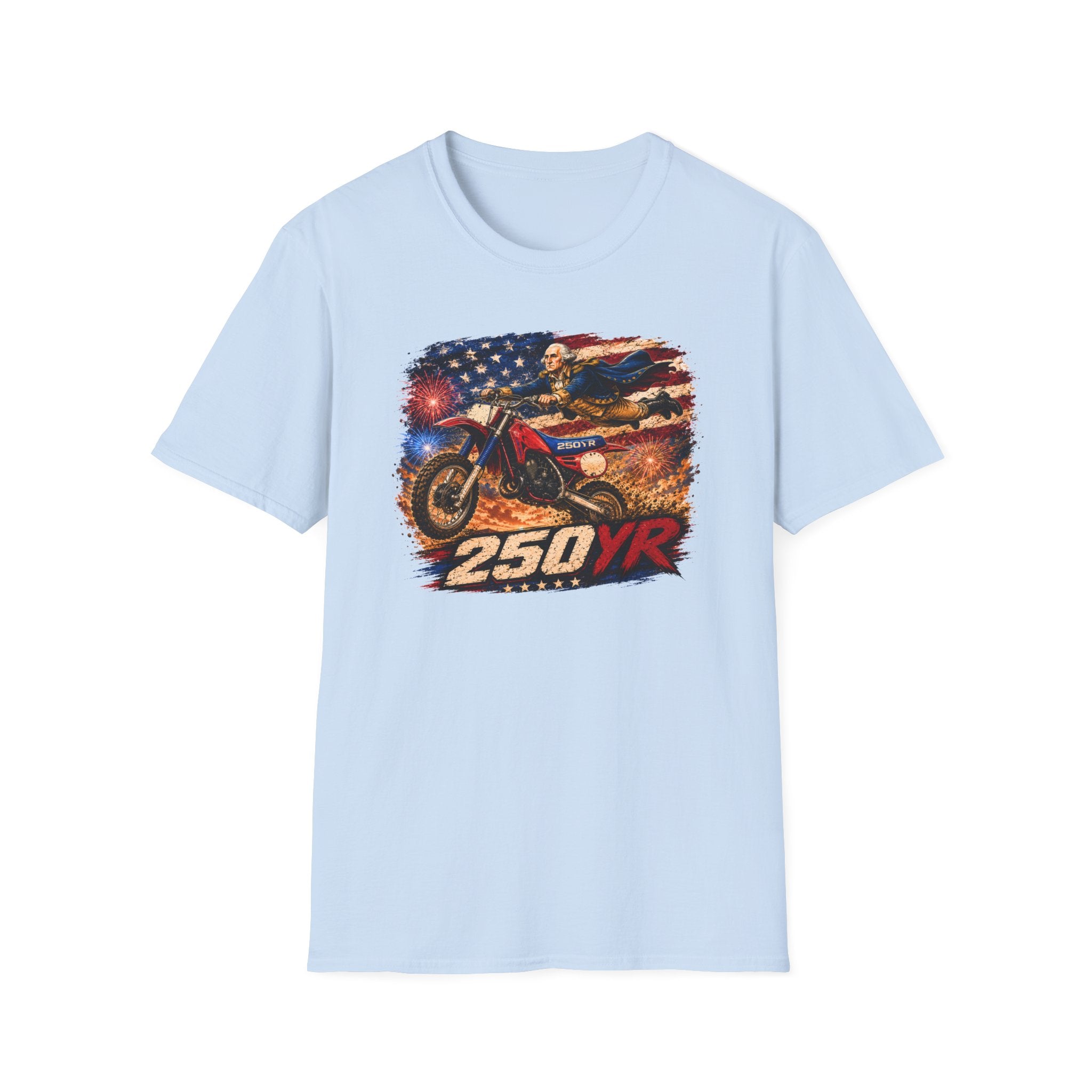 Motorcycle Patriotic T-Shirt — '250 YR' American Flag Dirt Bike Design