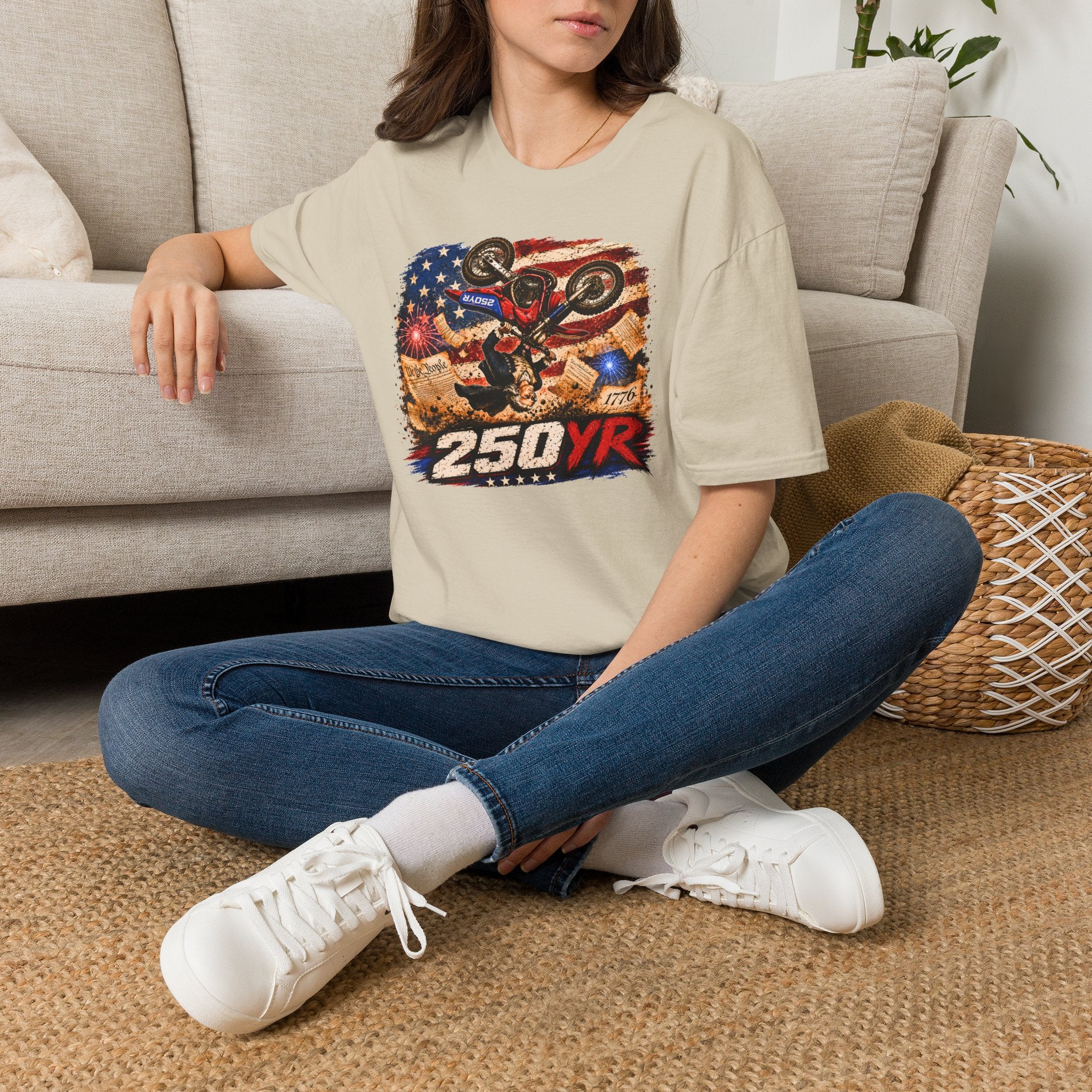 Motorcycle Stunt T-Shirt — American Flag 250YR Dirt Bike Graphic