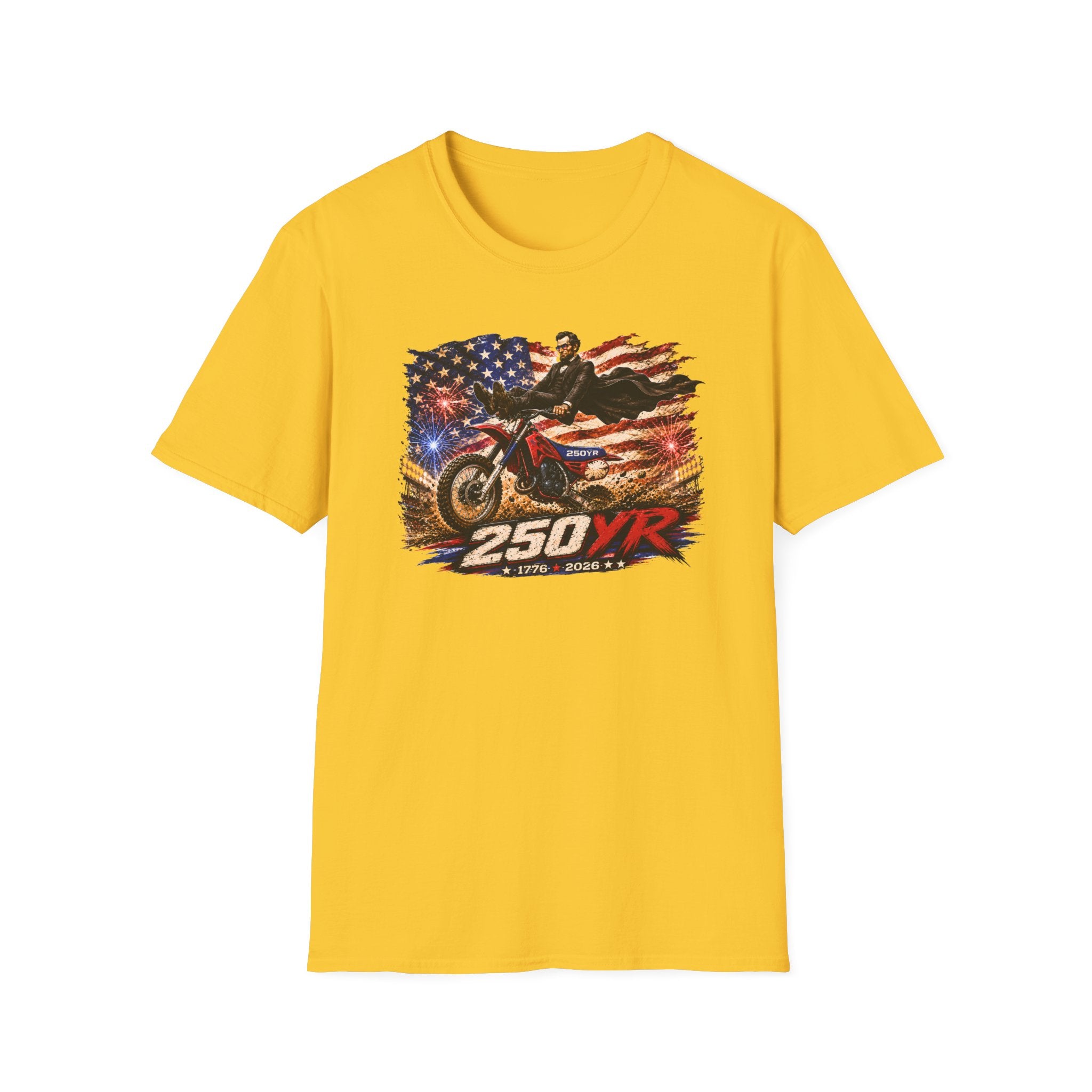 250YR Dirt Bike T‑Shirt — American Flag Motocross Racer Tee