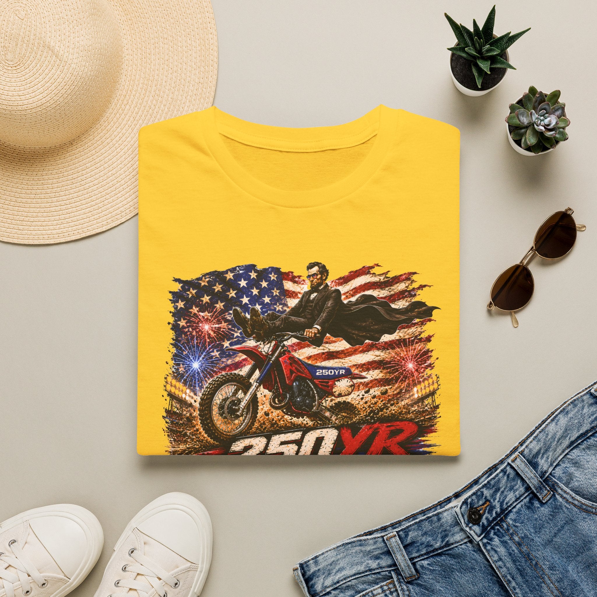 250YR Dirt Bike T‑Shirt — American Flag Motocross Racer Tee