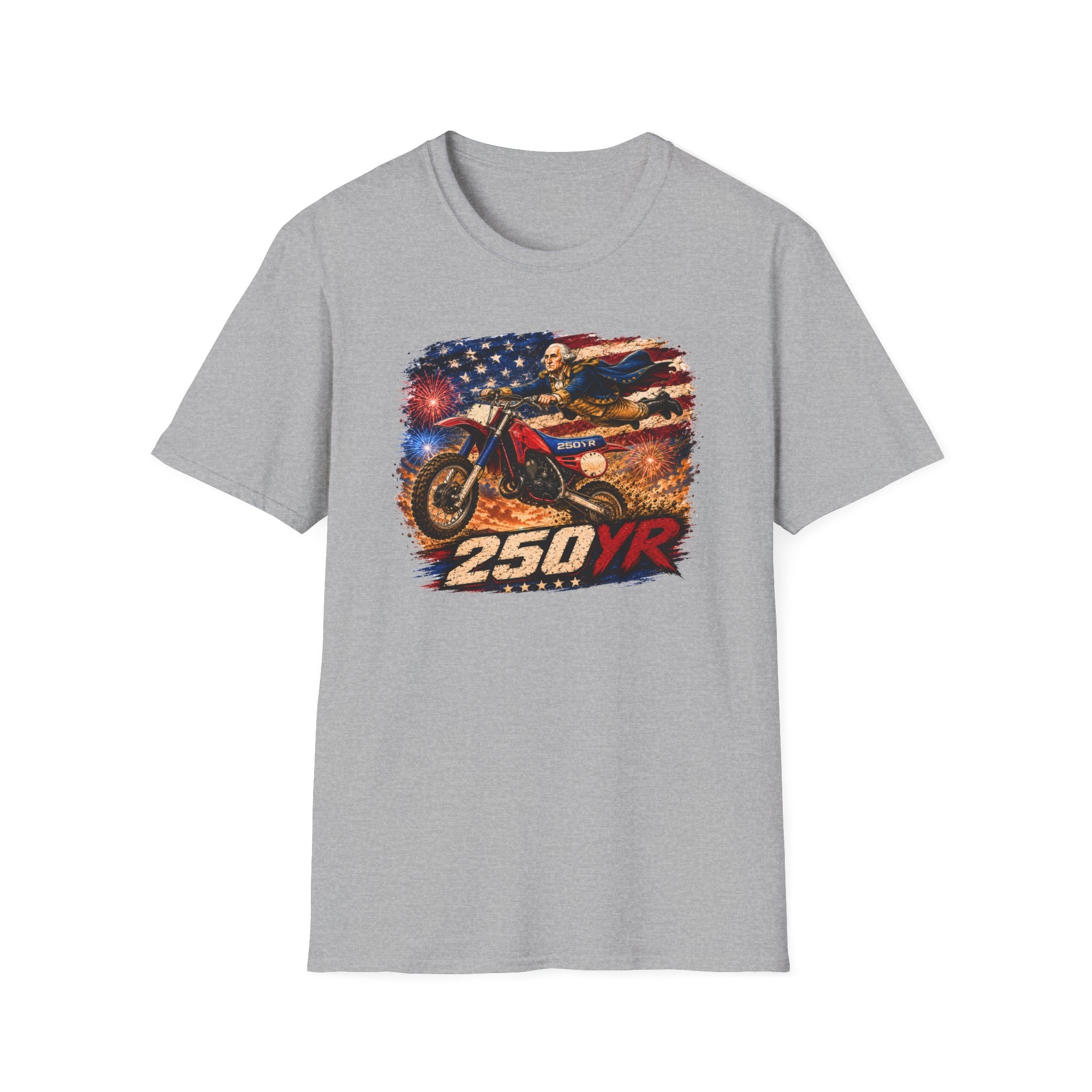Motorcycle Patriotic T-Shirt — '250 YR' American Flag Dirt Bike Design
