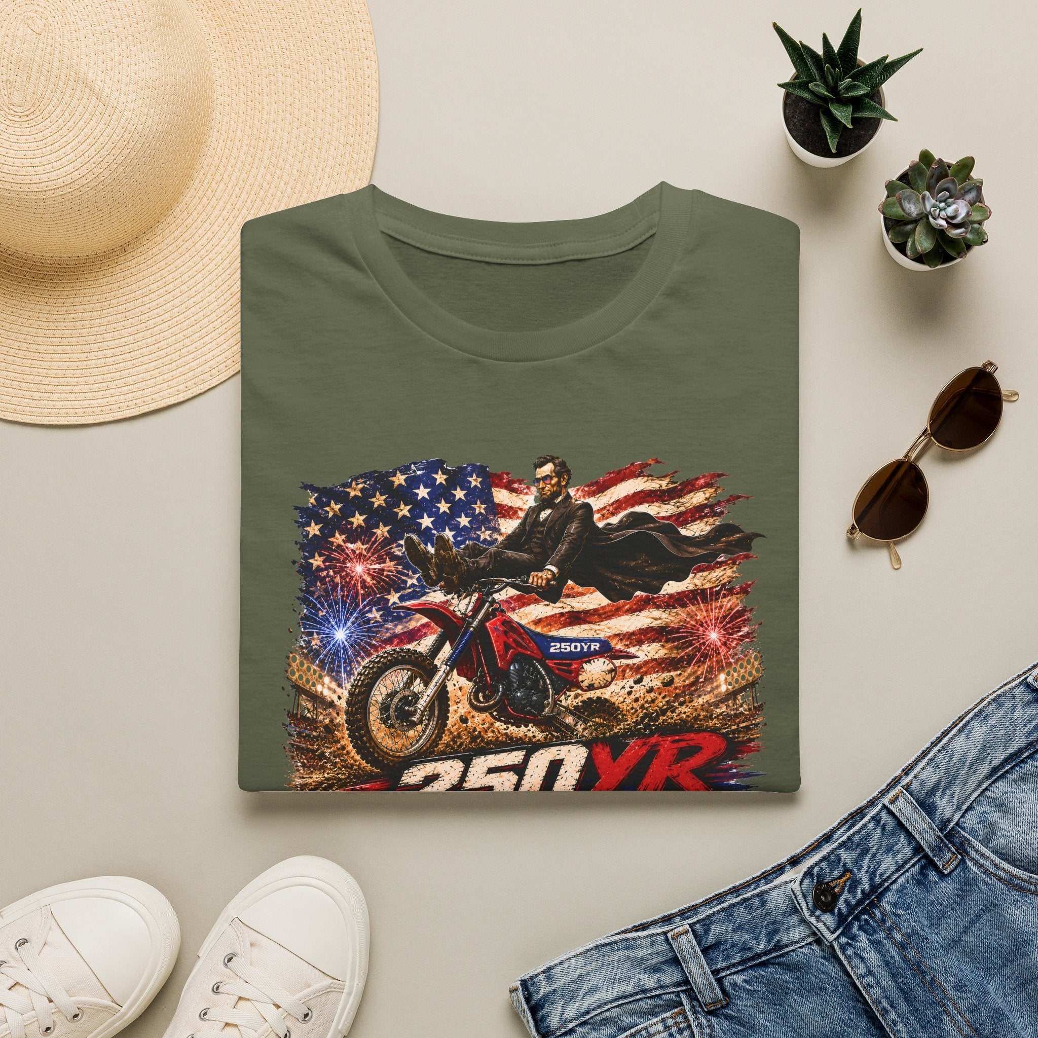 250YR Dirt Bike T‑Shirt — American Flag Motocross Racer Tee
