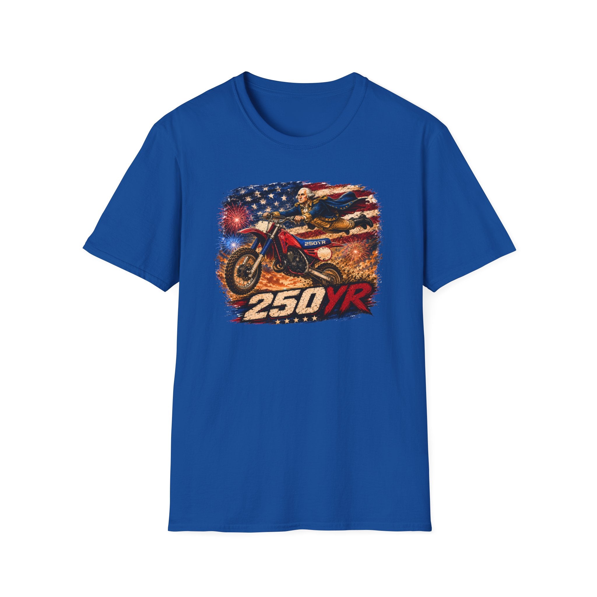 Motorcycle Patriotic T-Shirt — '250 YR' American Flag Dirt Bike Design