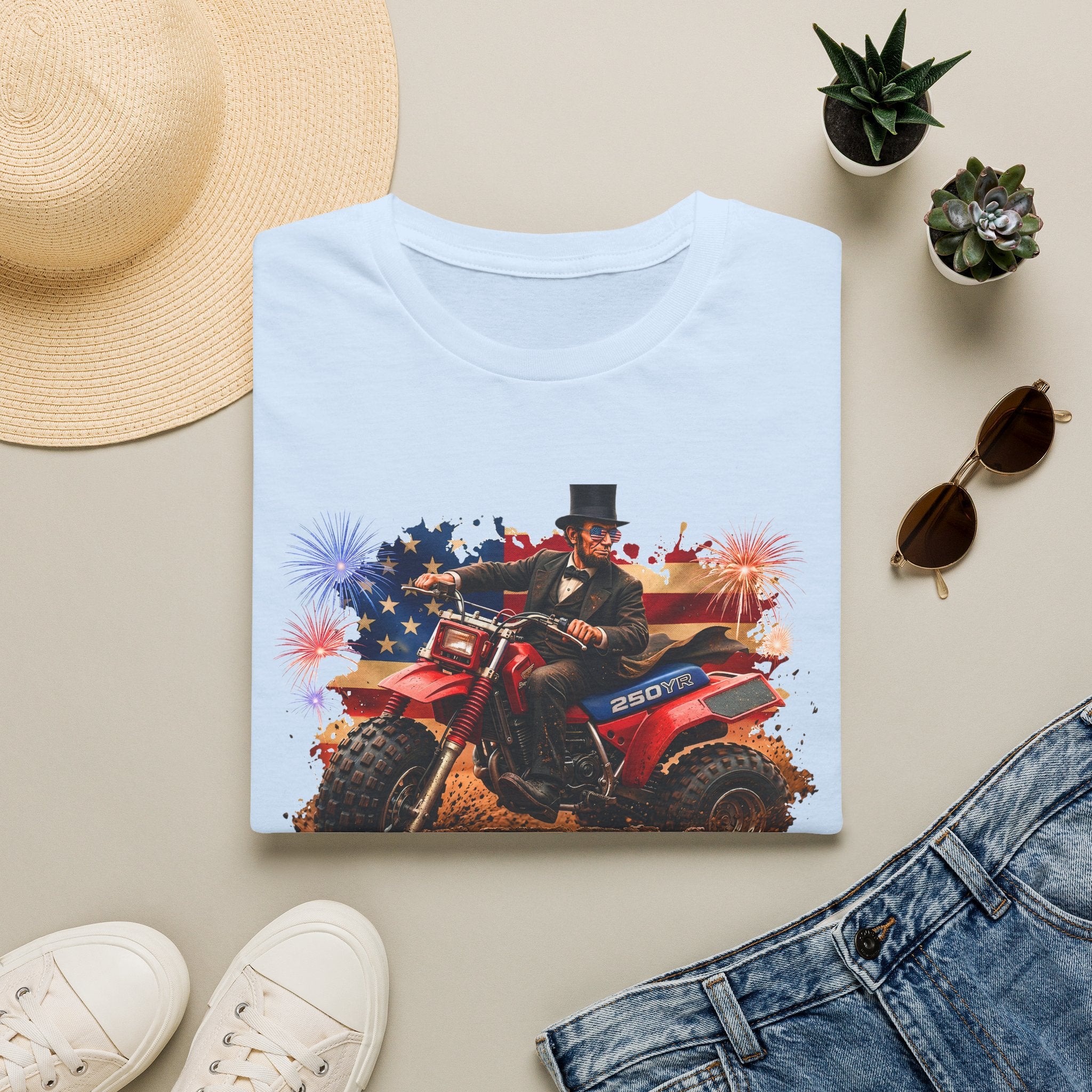 Patriotic Lincoln Riding ATV T-Shirt — 4th of July Veteran Americana Tee